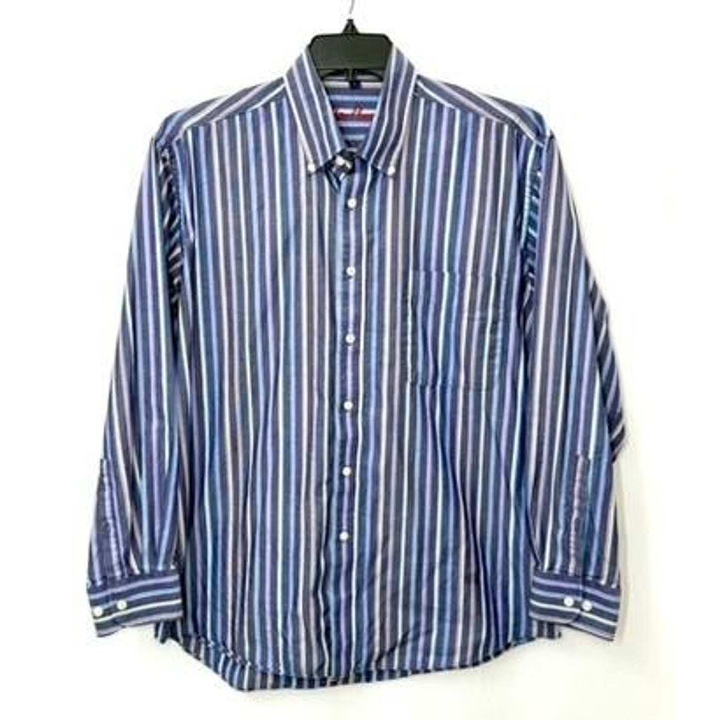 Alan Flusser Mens Large Blue Purple Striped Cotton Button Down Long Sleeve Shirt
