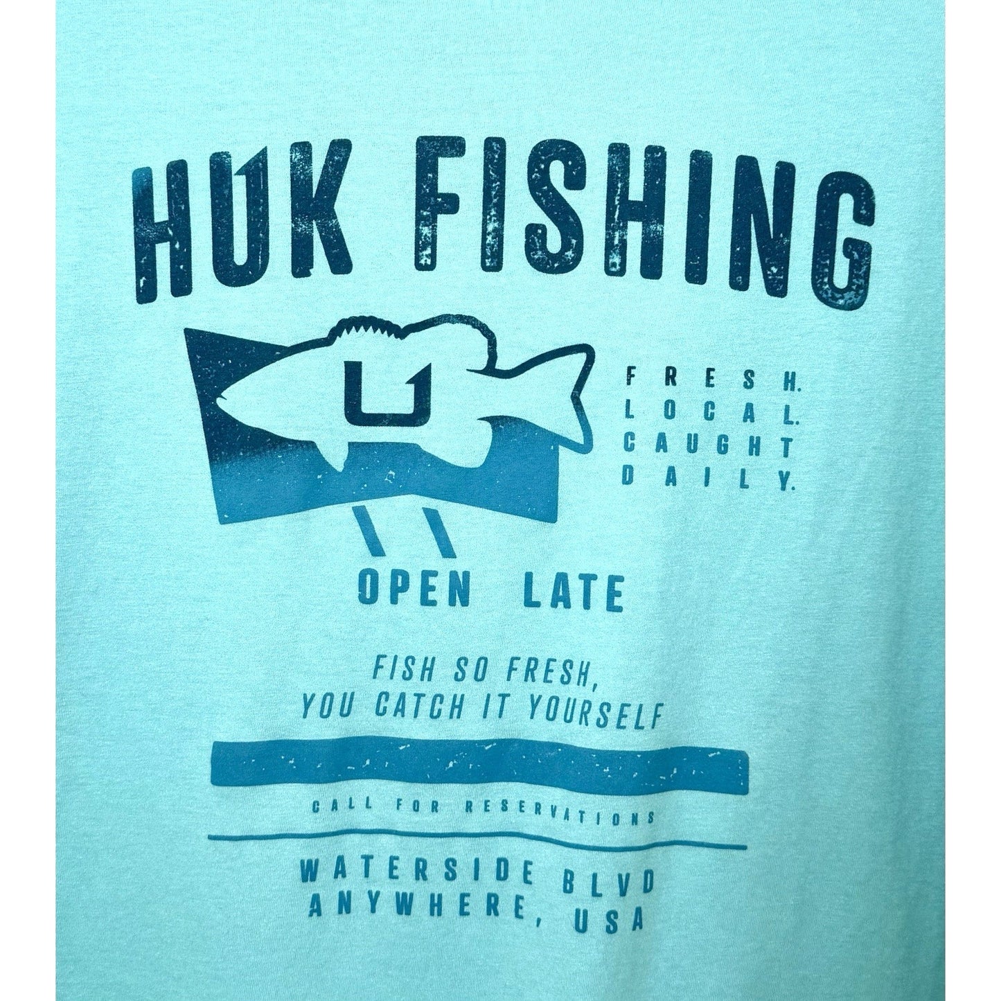 Huk Performance Fishing T-Shirt Sz M Medium “Open Late” Graphic Print Green