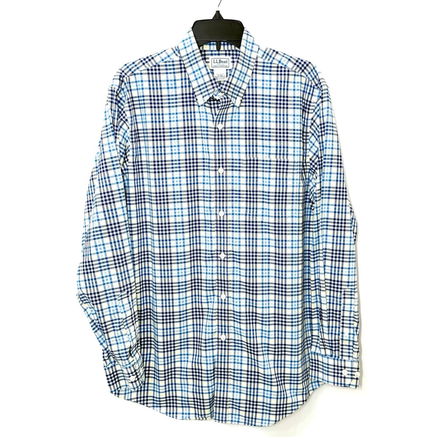 LL Bean Shirt Mens Medium White Blue Yellow Plaid Button Up Long Sleeve Cotton