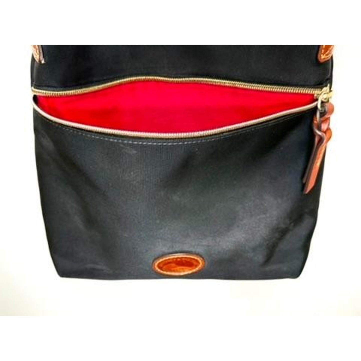 Dooney & Bourke Black Nylon Crossbody Bag Red Lining Brown Leather Strap