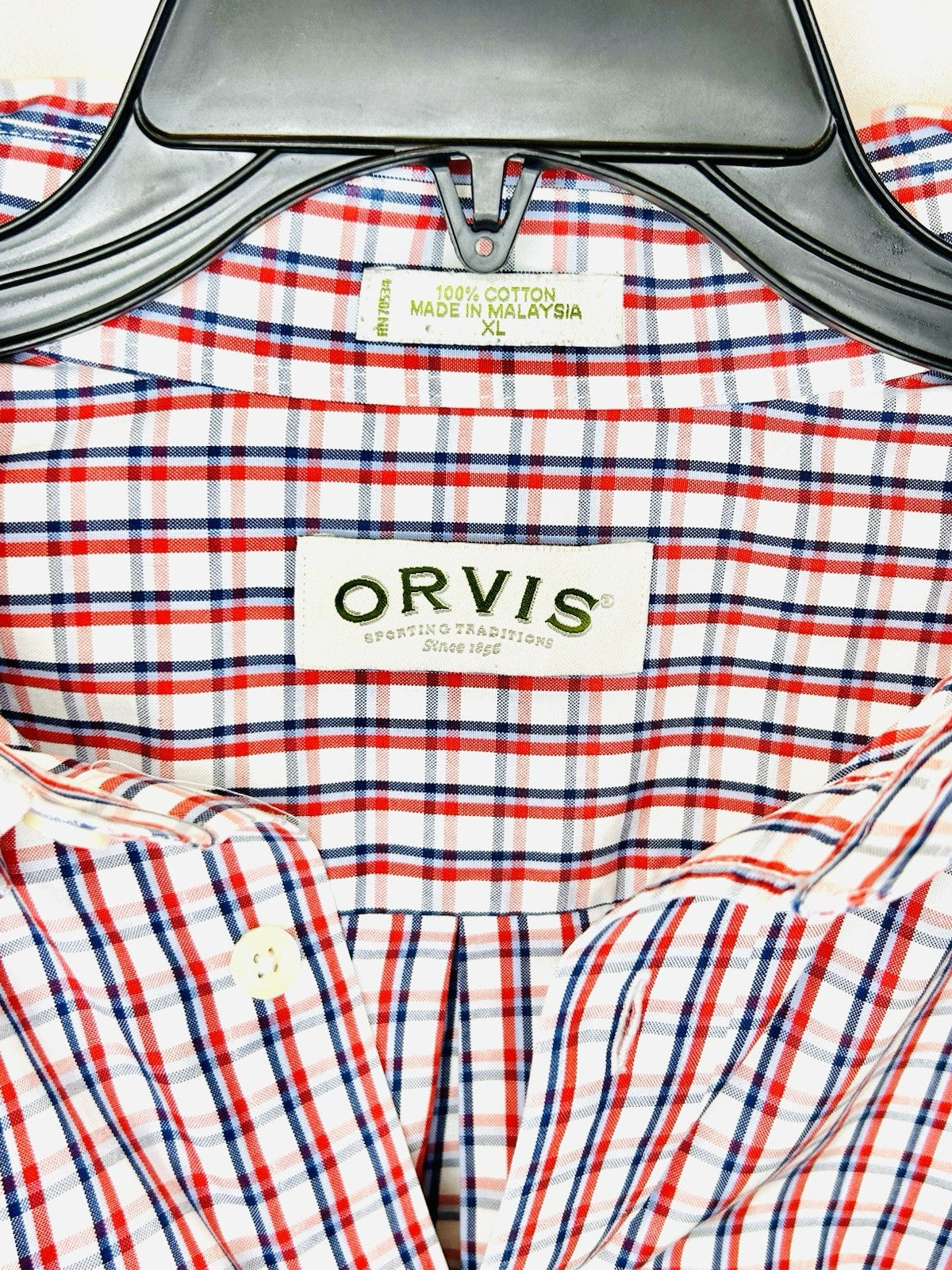 Orvis 100% Cotton Plaid Long Sleeve Button Down Shirt (Men's XL) Red/White