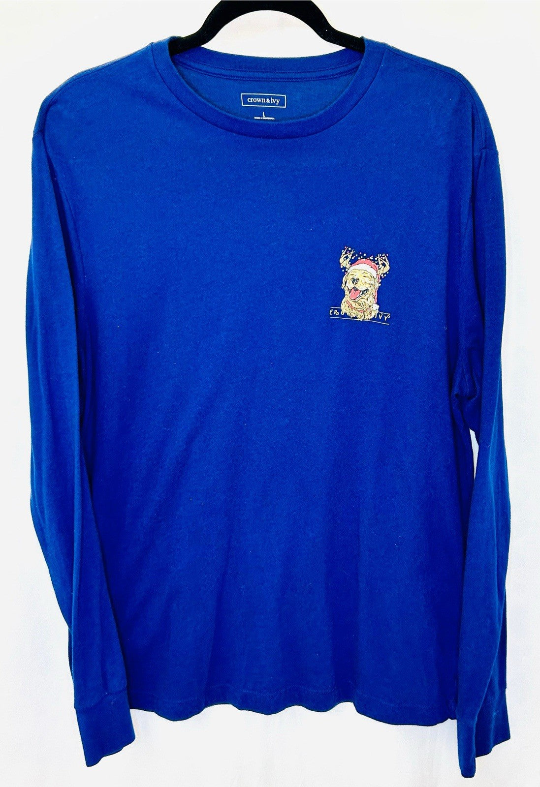 Crown & Ivy Men’s Large Blue Long Sleeve Golden Retriever Christmas Graphic Tee
