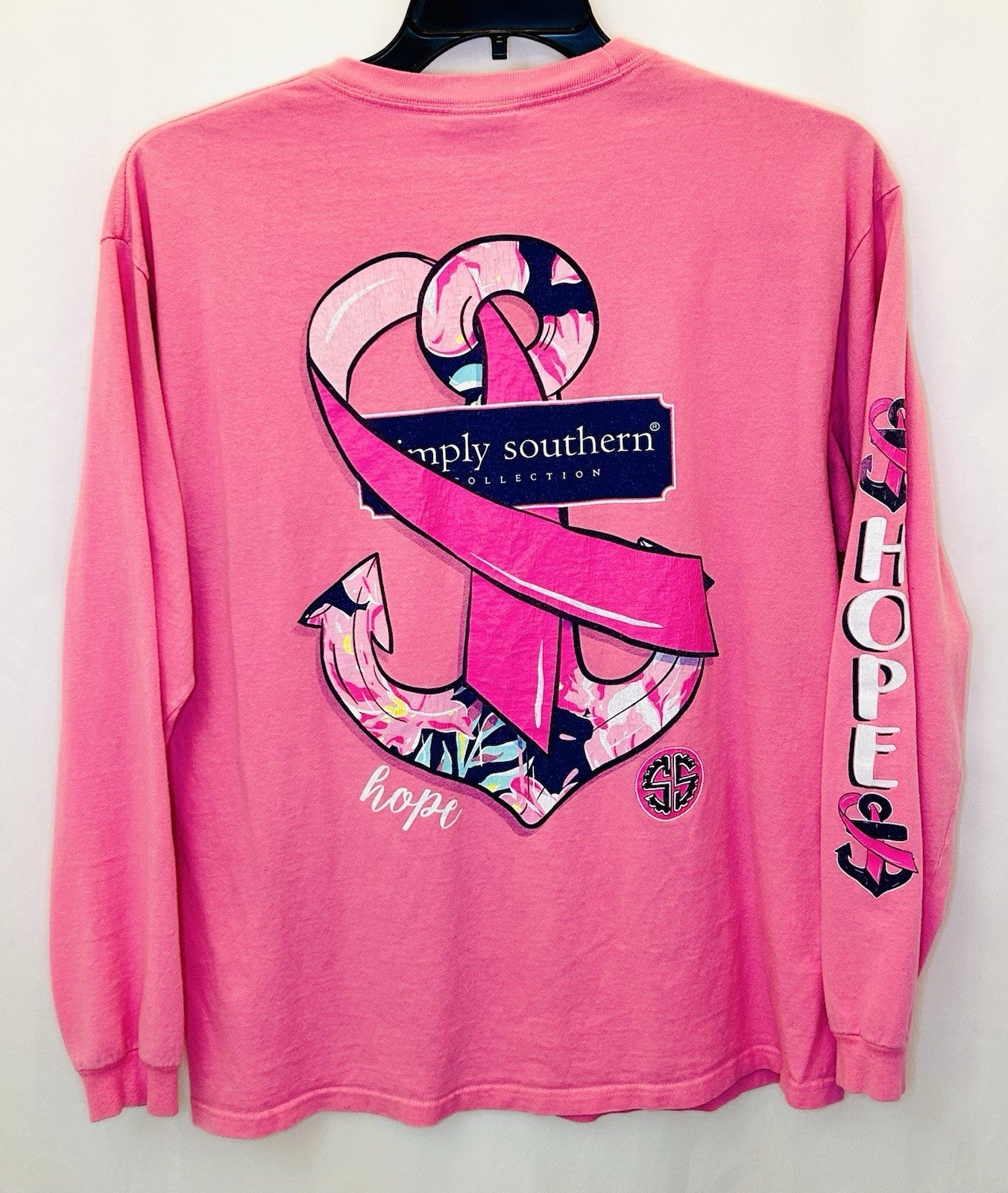 Simply Southern Womens L Large T-Shirt Long Sleeve Pink Ribbon Hope Logo