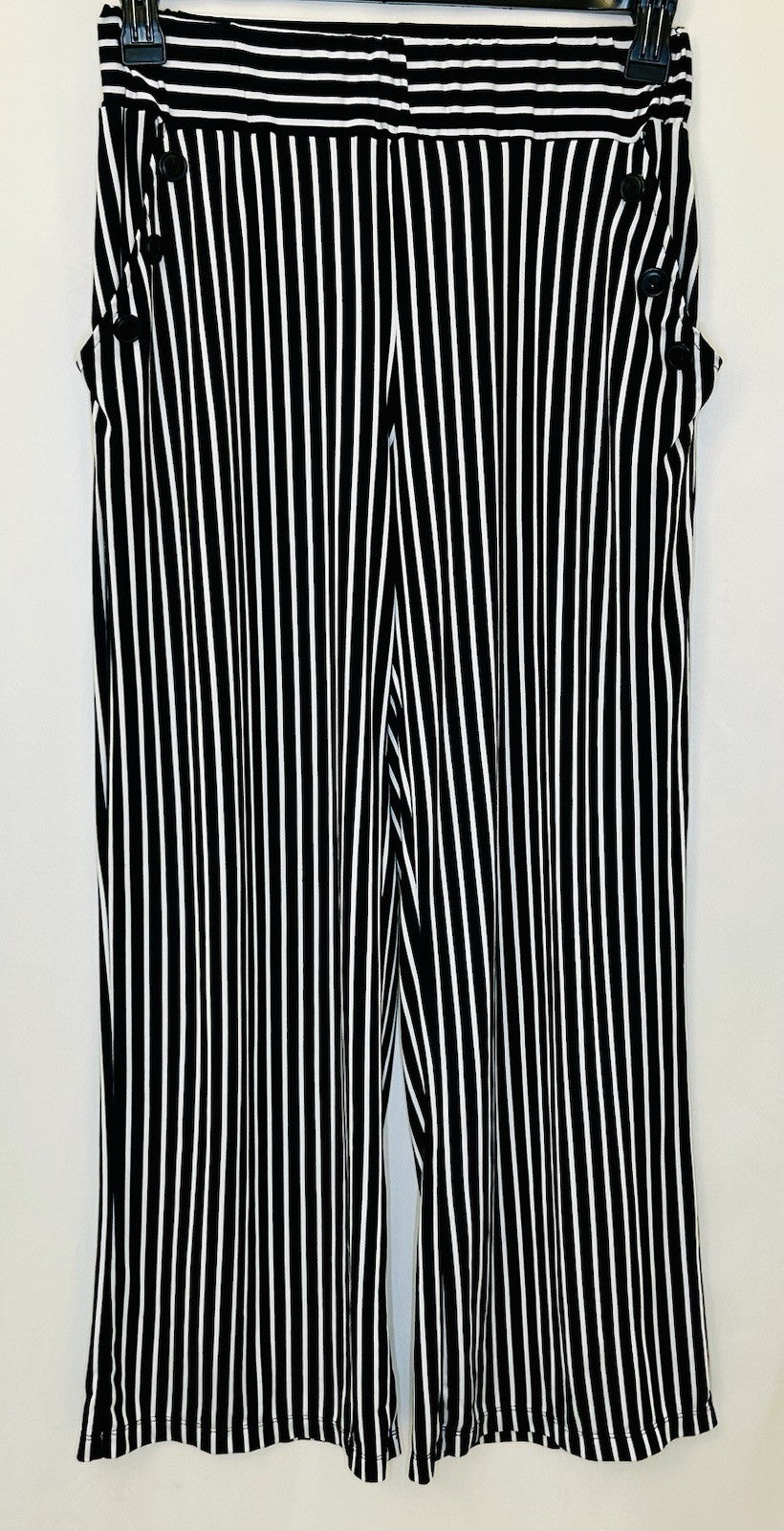 Robert Louis Stretchy Pants White/Black Pen Stripe Size M Pull On Wide Leg