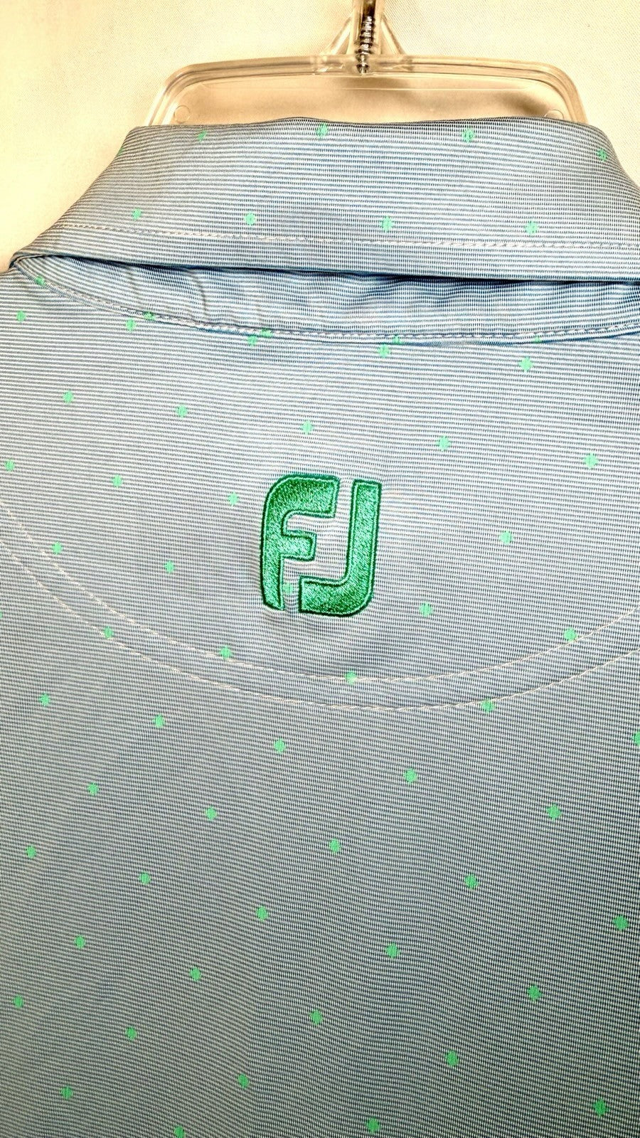 FootJoy FJ Polo Blue With Green Polka Dots WP Golf Course Crest Men’s Shirt L