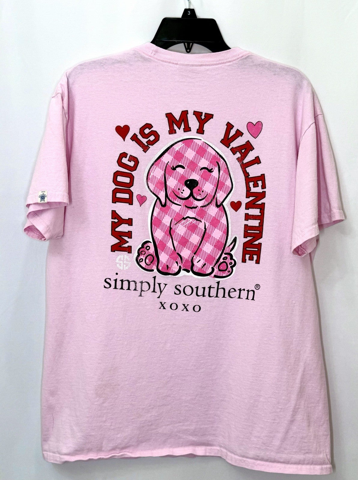 Simply Southern Womens Large L Pink My Dog Is My Valentine Shirt Plaid Puppy EUC