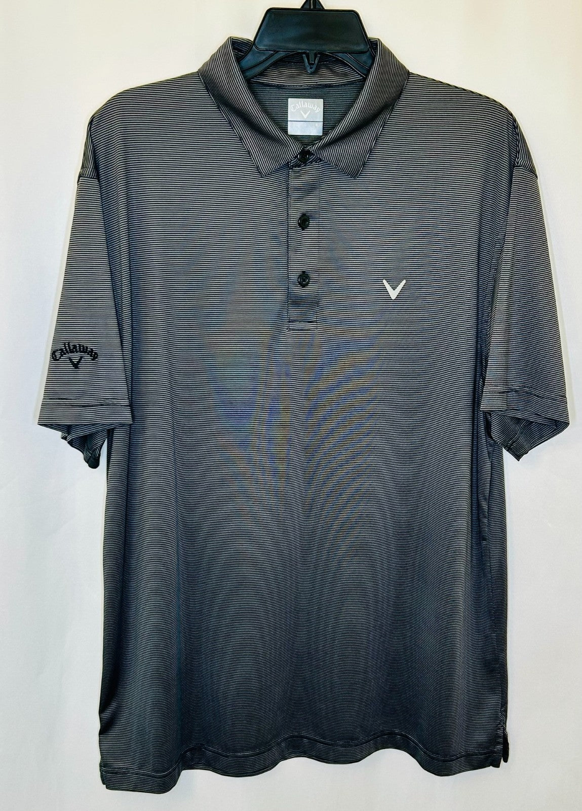 Callaway Polo Shirt Men Large Performance Polyester Stretch Black Silver Striped