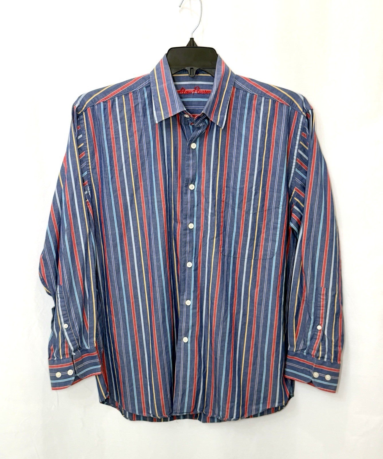 Alan Flusser Mens Medium Striped Button Shirt Blue Red Yellow LS Dress Casual EX