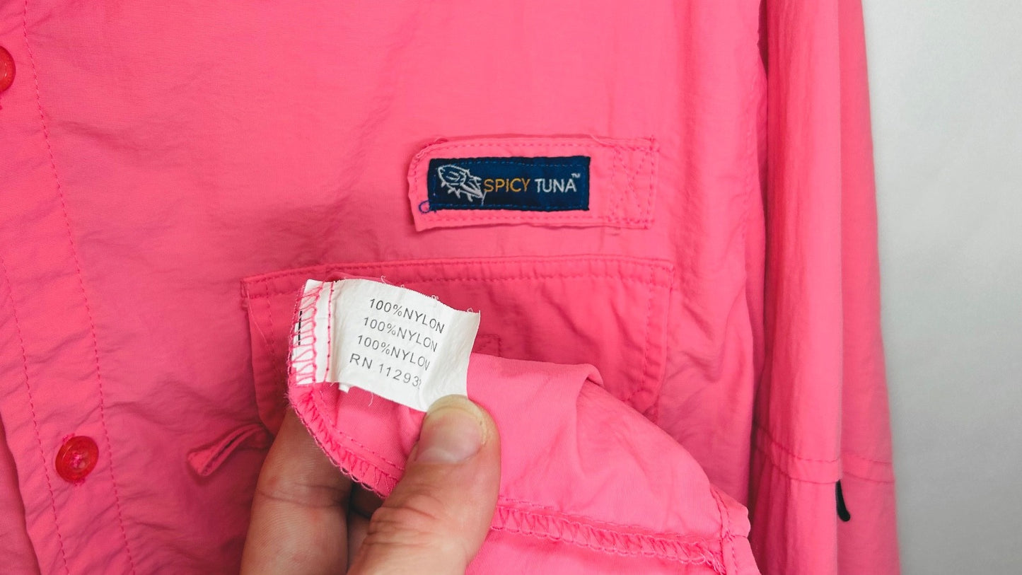 Spicy Tuna Hot Pink Fishing Shirt Mens Medium Nylon Outdoors Summer Short Sleeve