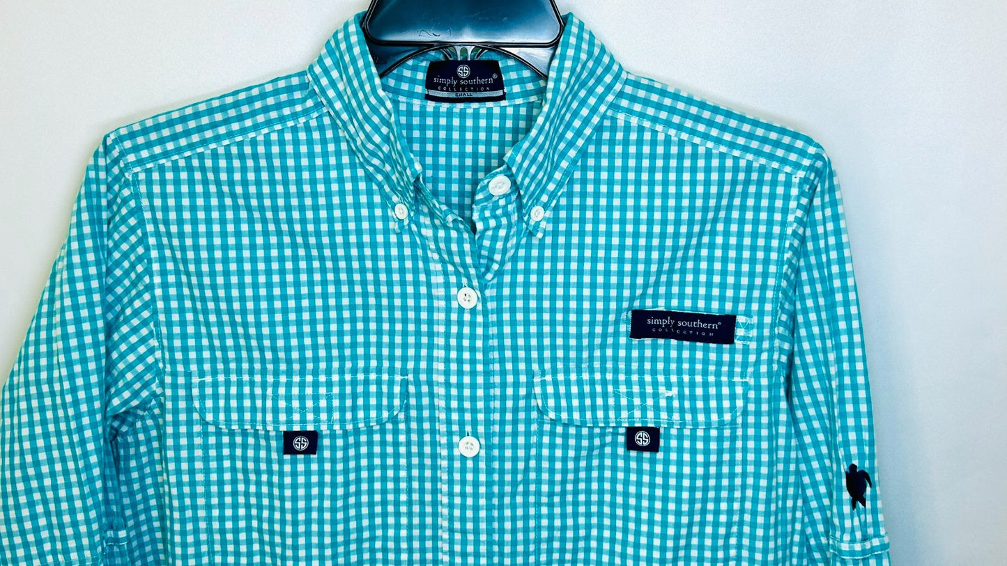 Simply Southern Button Down Shirt Mens Small Teal Green Plaid Logo Collared L/S