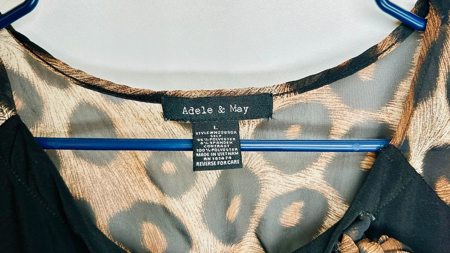 Adele & May Black Leopard Bow Tie Jersey Knit Blouse Top Large