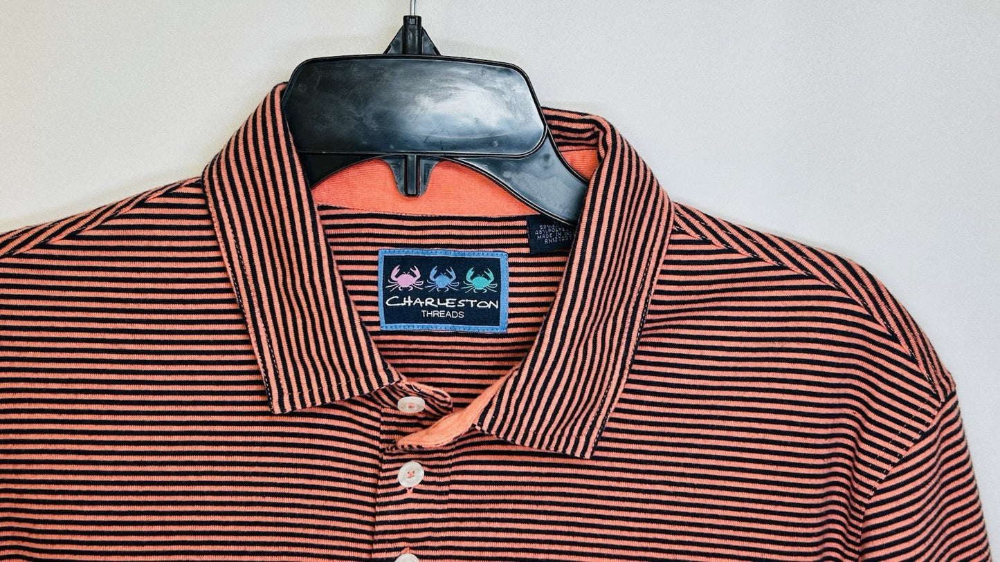 Charleston Threads Golf Polo Shirt-Men's Large- Navy & Orange Striped Activewear