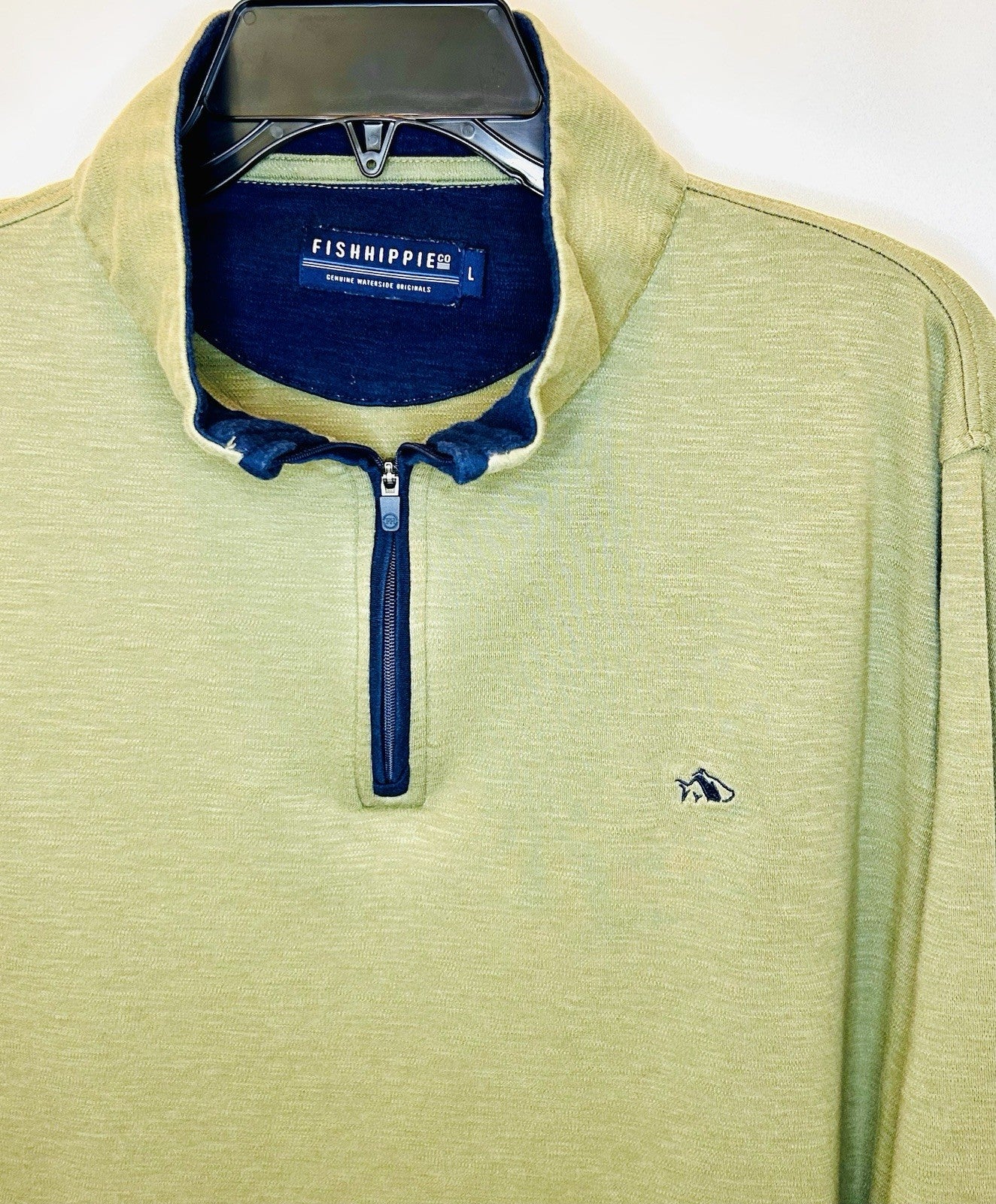 Fish Hippie 1/4 Zip Pullover L Men Olive Green / Navy Cotton Modal Made India