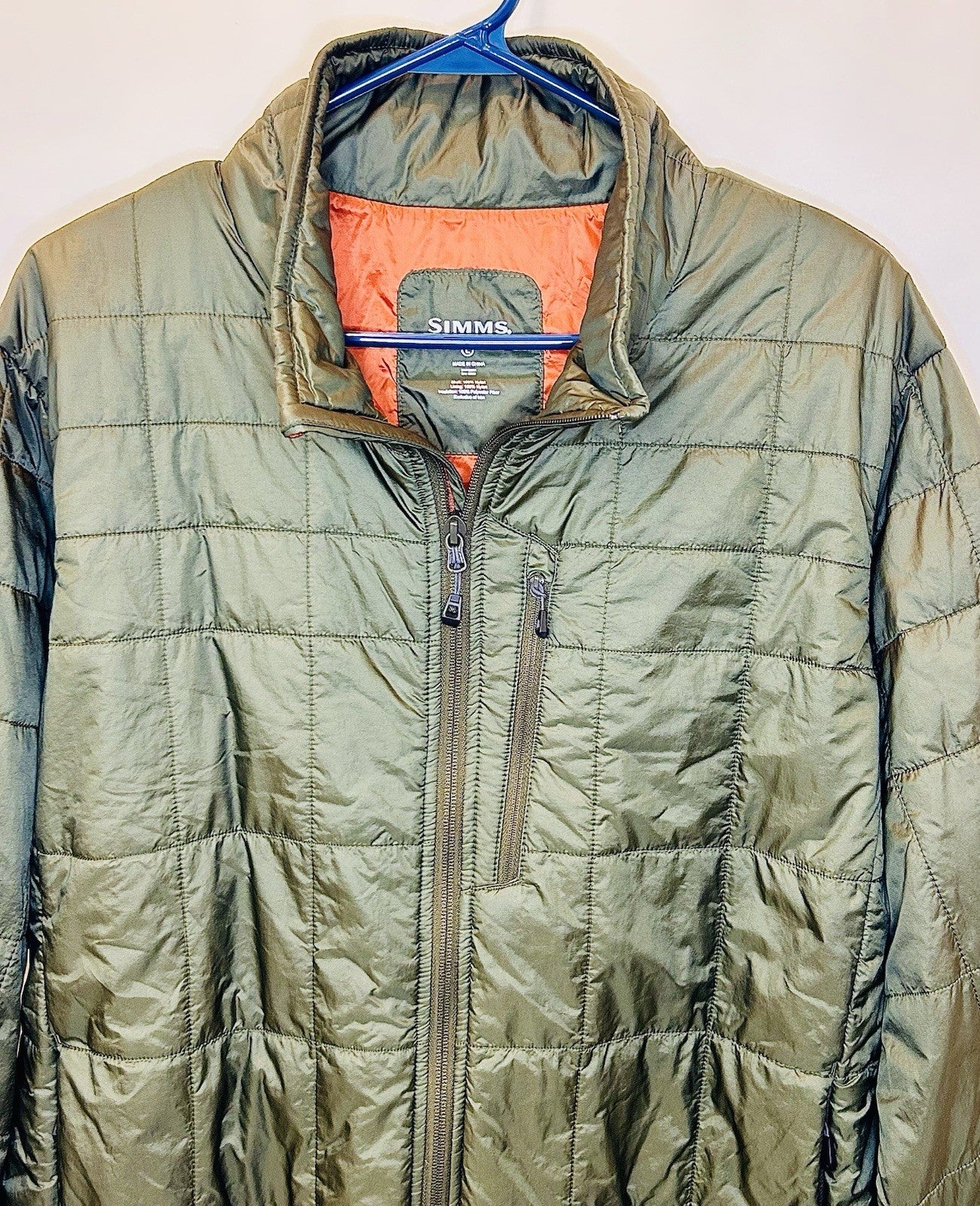 Simms Fishing Olive Green/Orange Thin Puffer Jacket - Men’s L Large - Portland