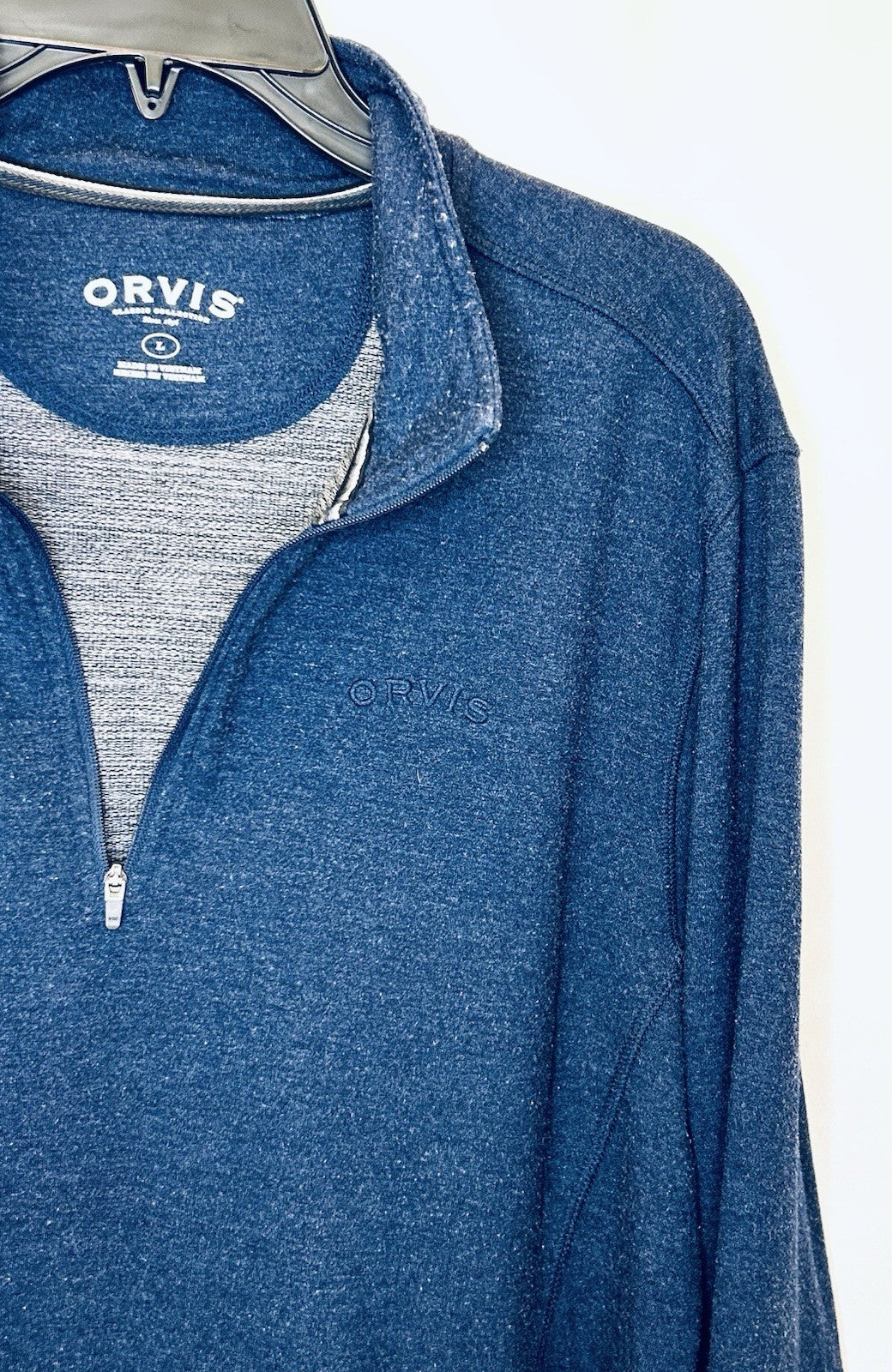 Orvis 1/4 Zip Sweater Mens L Large Heathered Navy Blue Mock Neck Stretch