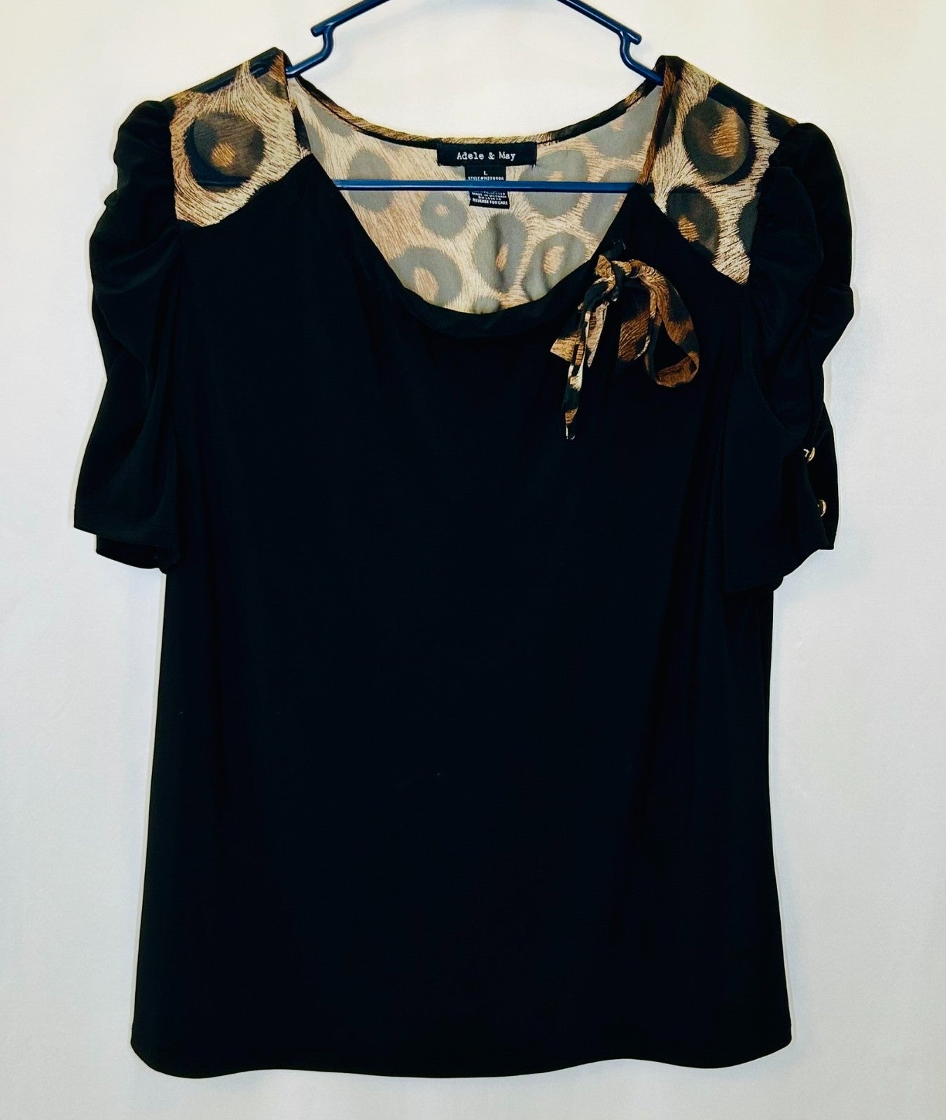 Adele & May Black Leopard Bow Tie Jersey Knit Blouse Top Large