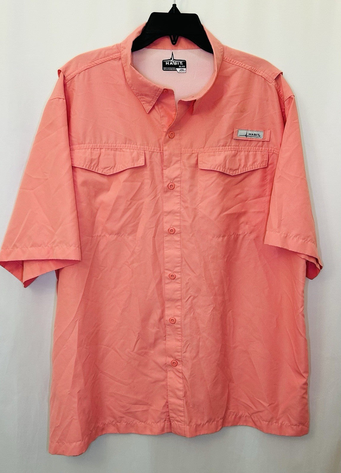 Habit Mens Short-Sleeve Button-Front Shirt, Salmon Red, UPF 40+, Size XL, EUC