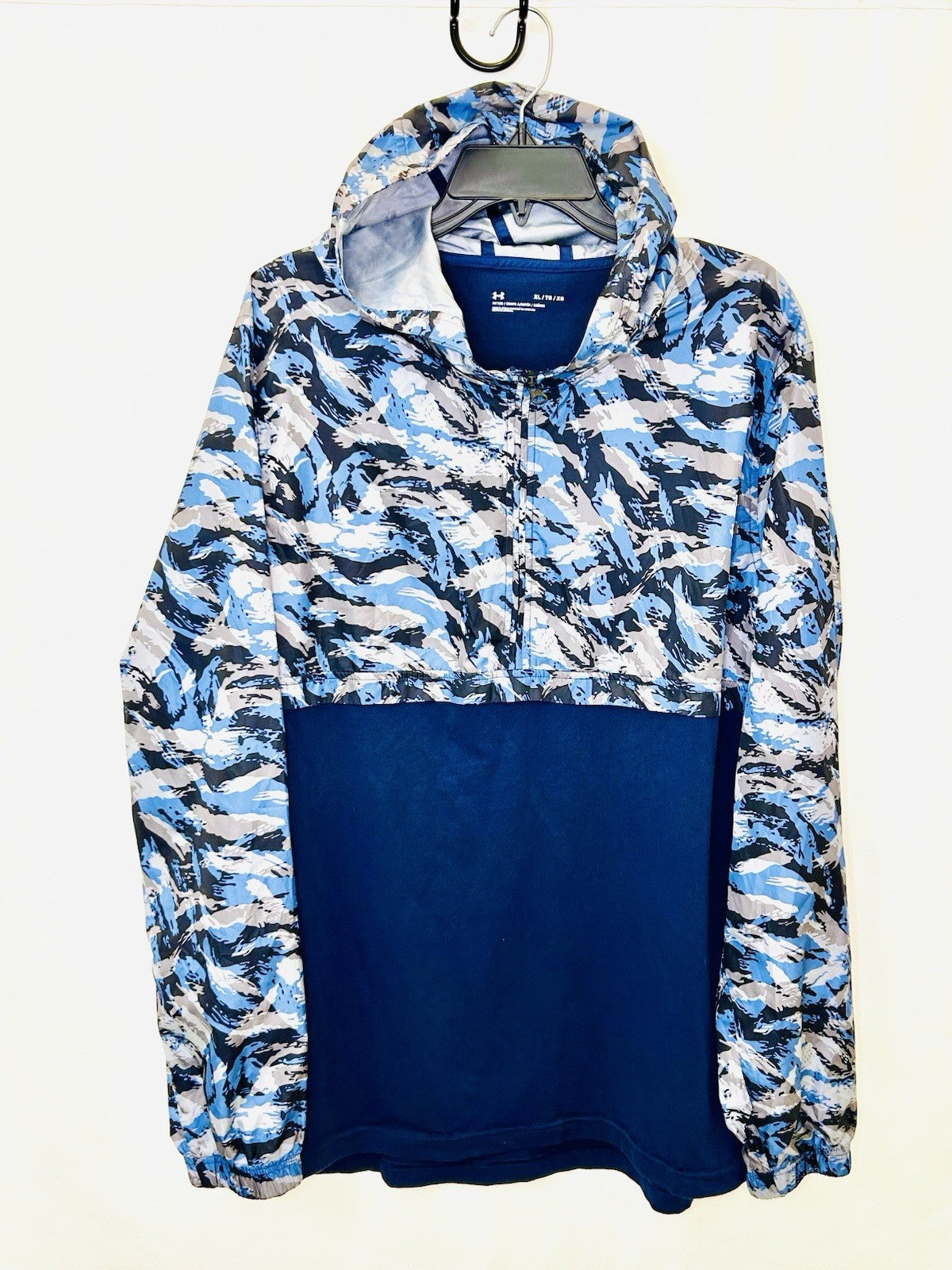 Under Armour Jacket Mens XL Blue Camo Sportstyle Anorak 1/4 Zip Hood Pullover