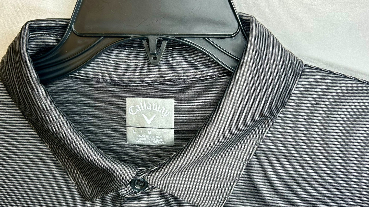 Callaway Polo Shirt Men Large Performance Polyester Stretch Black Silver Striped
