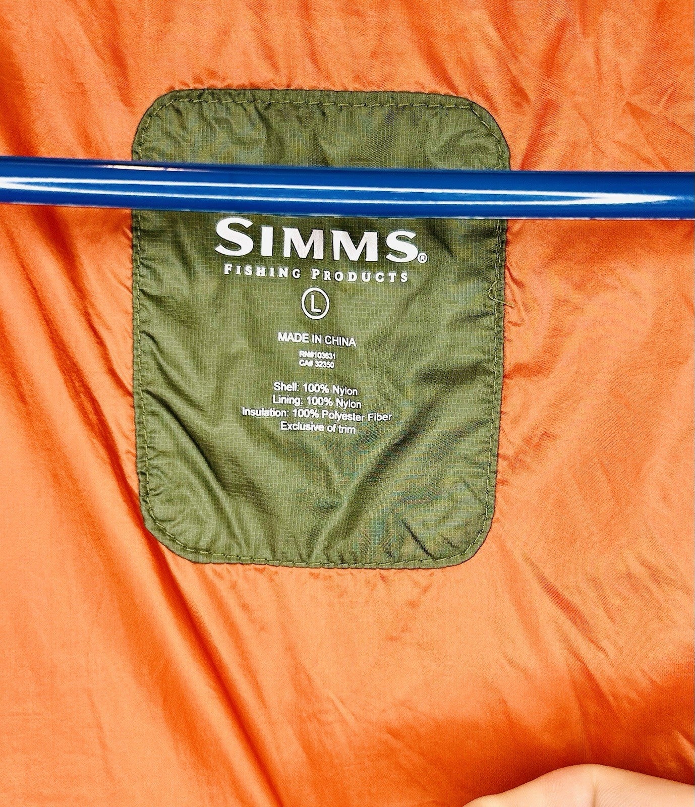 Simms Fishing Olive Green/Orange Thin Puffer Jacket - Men’s L Large - Portland
