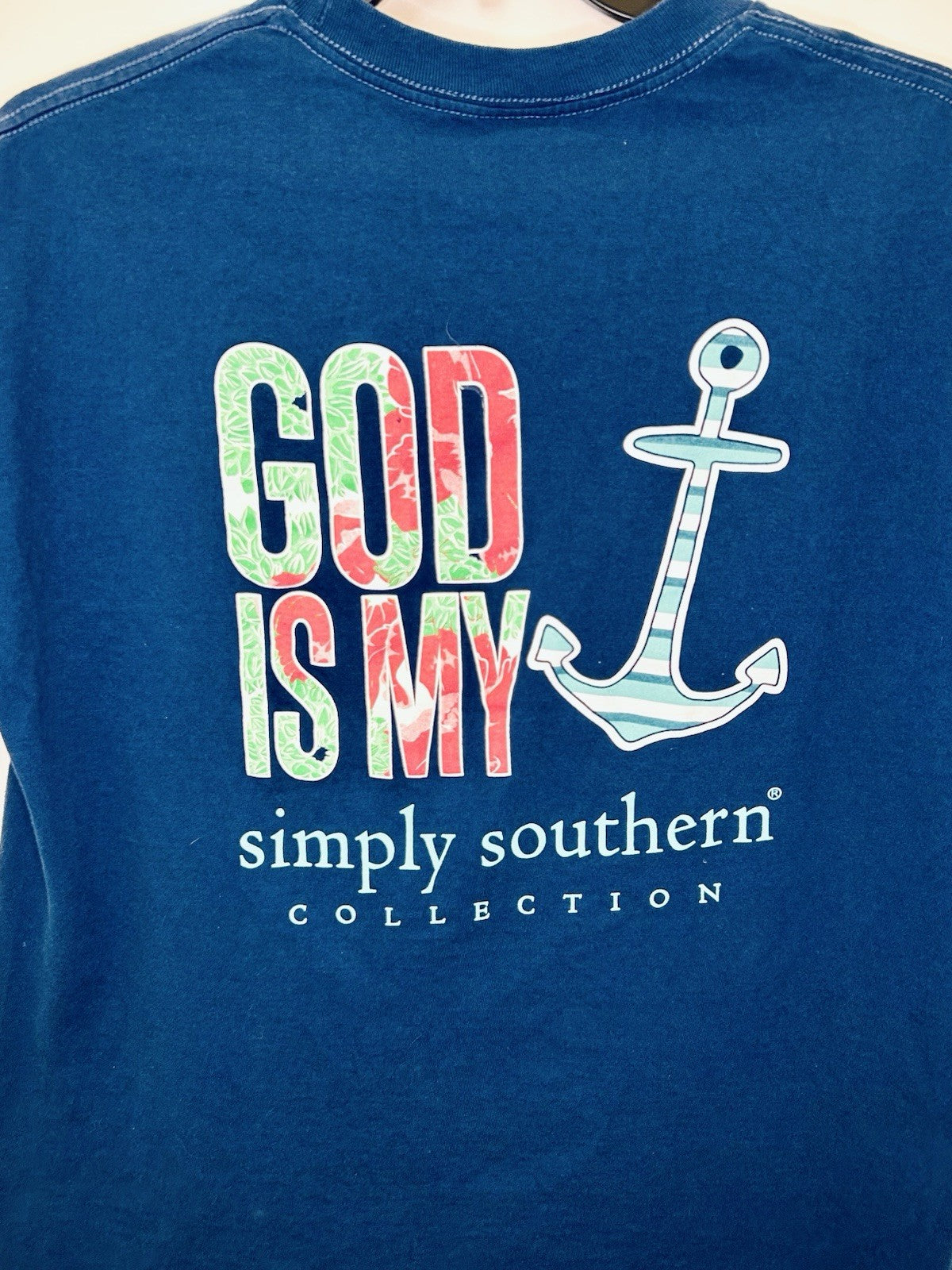 Simply Southern T Shirt Women’s Large Blue God Is My Anchor Short Sleeve