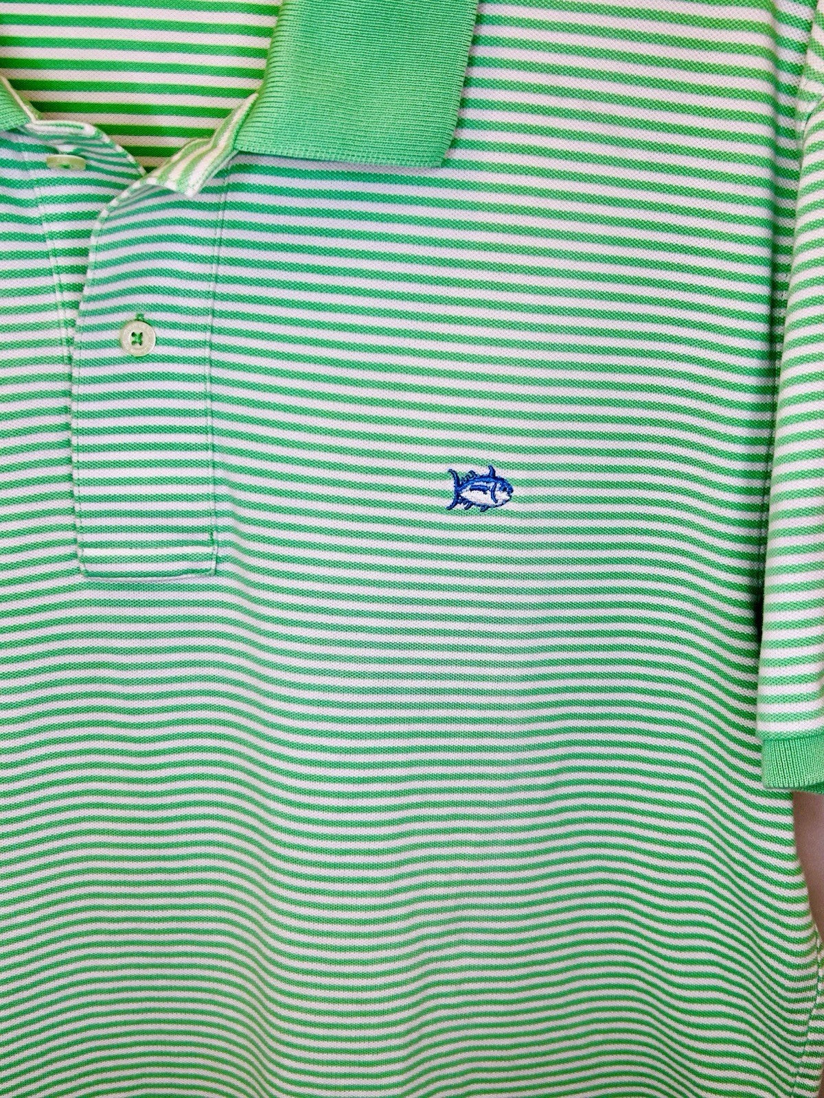 Southern Tide Skipjack Polo Shirt Mens Medium Sea Green Striped Preppy Golf