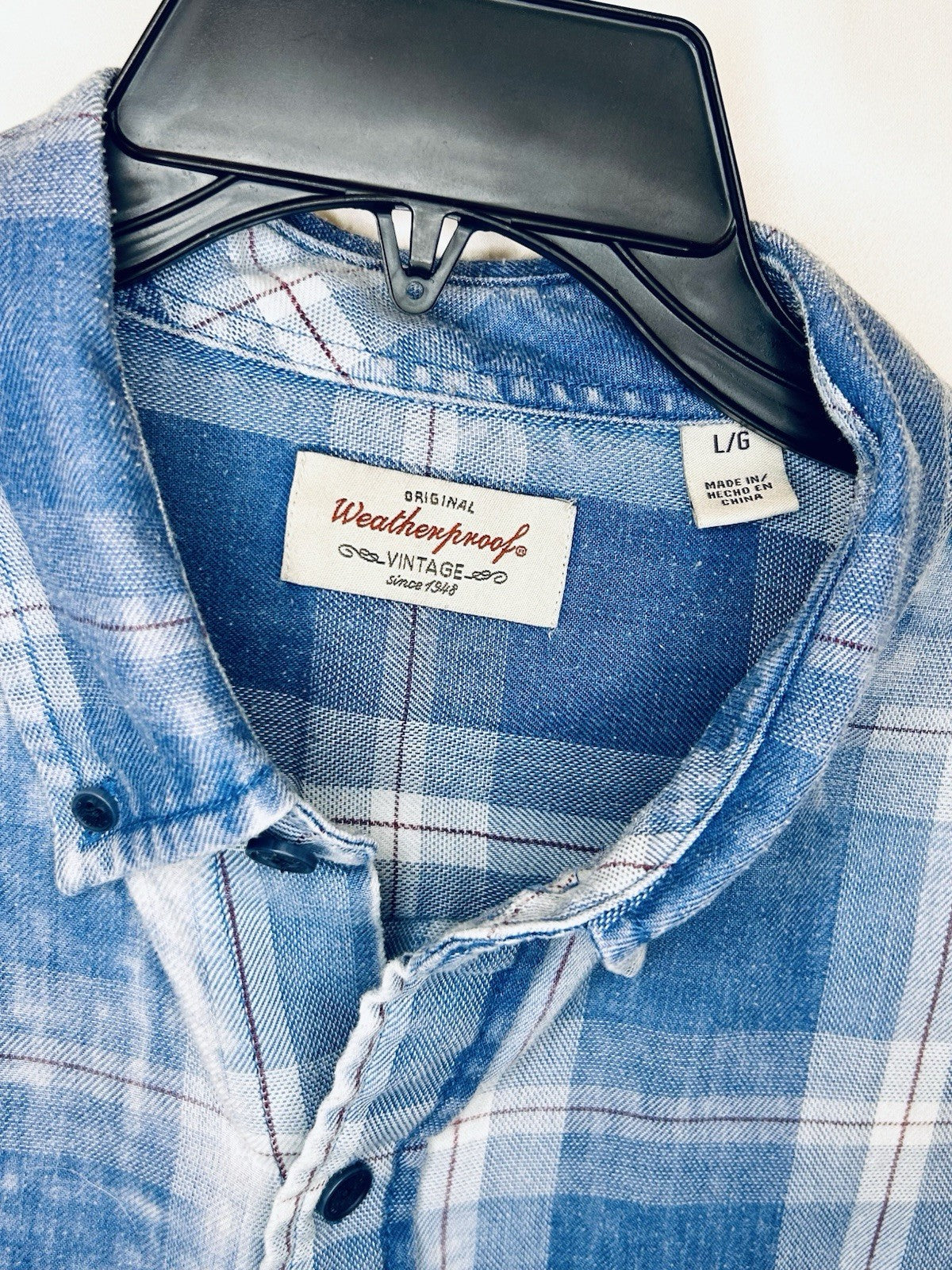 Original WeatherProof Vintage White/Blue Plaid Button Up Long Sleeve Shirt Large
