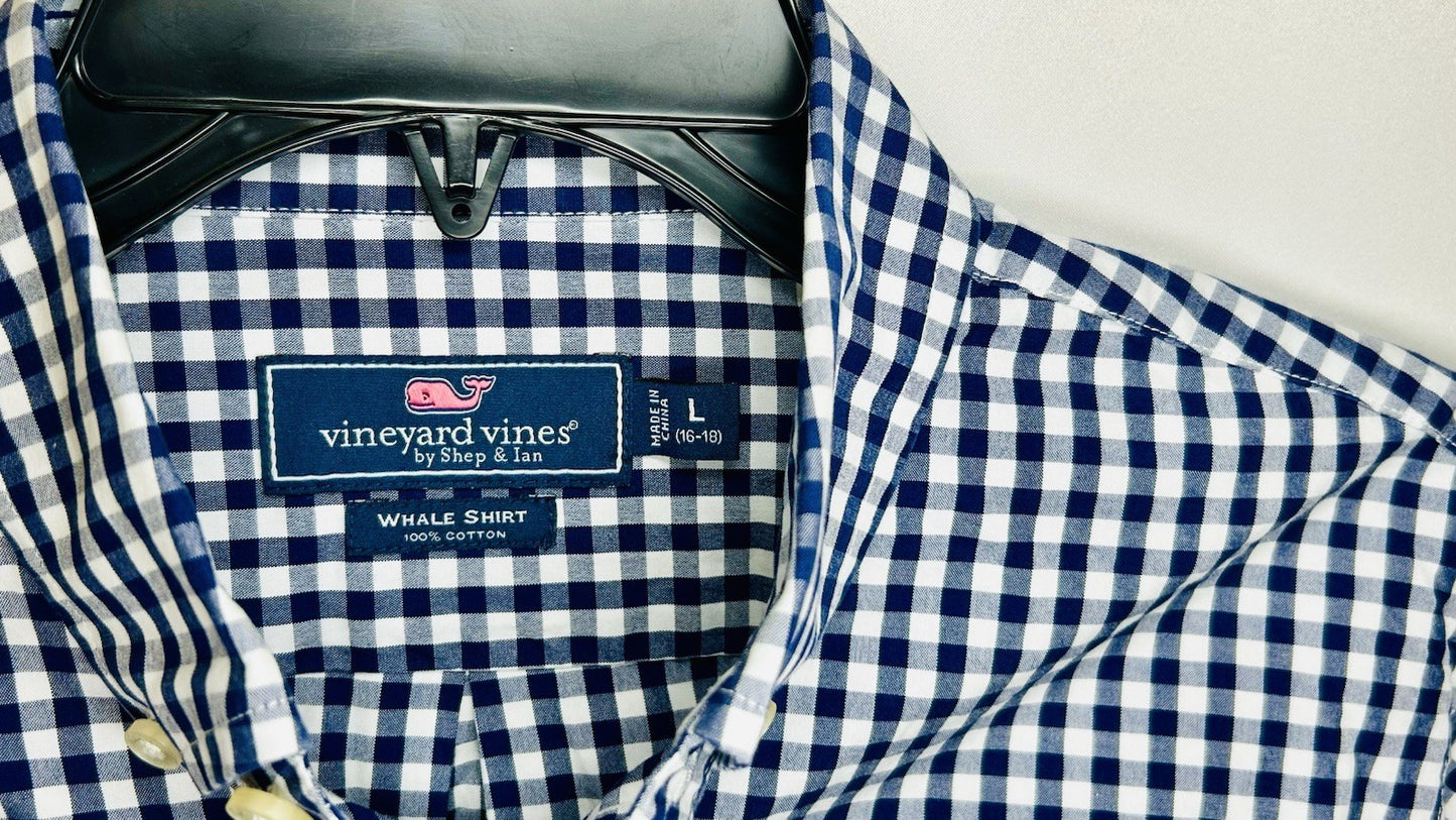 Boys Vineyard Vines L 16-18 Blue Check Long Sleeve Button Up Shirt / Whale Shirt