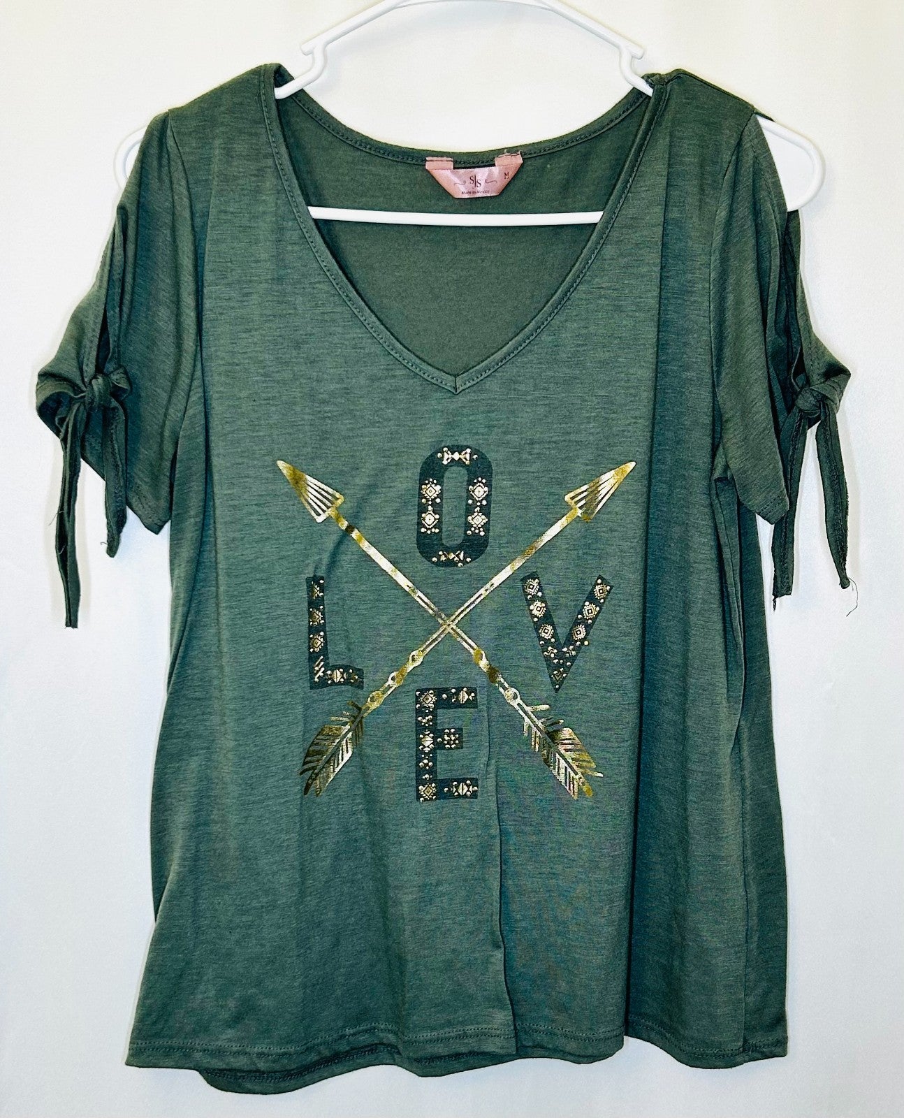 SJS Top Women’s Medium Short Sleeve Green Pullover Cool Shoulder Casual Preppy