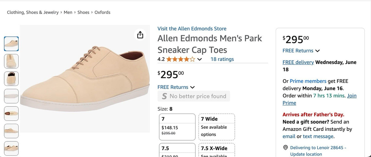 Allen Edmonds Men’s Park Sneaker | Size 10 | Parchment Leather | $300 Retail