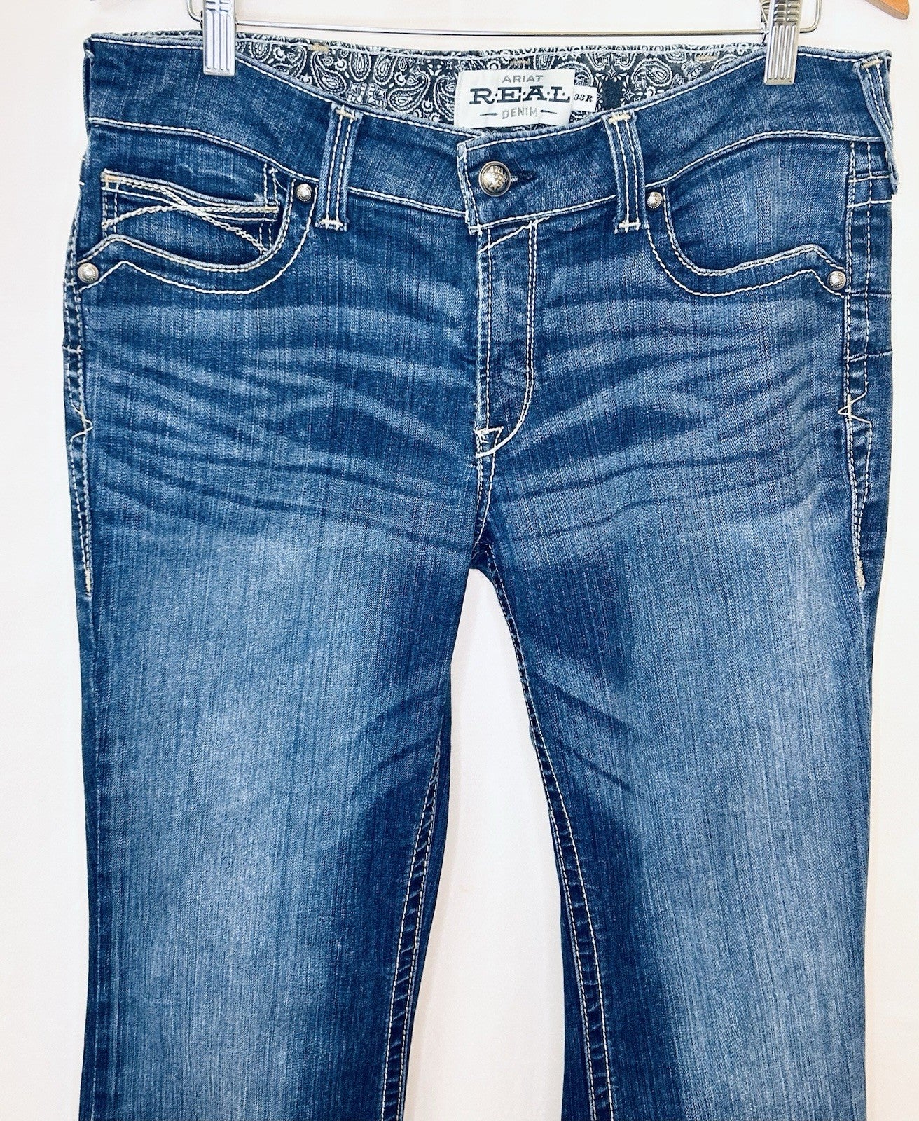 Ariat Real Jeans Women's 33R Blue Denim Mid Rise Bootcut Marine Entwined Stitch