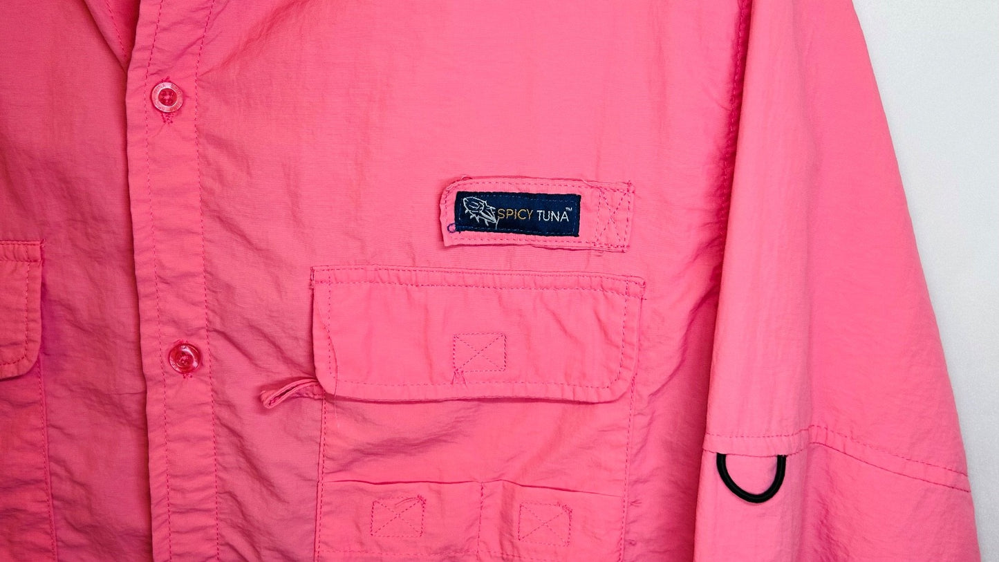 Spicy Tuna Hot Pink Fishing Shirt Mens Medium Nylon Outdoors Summer Short Sleeve