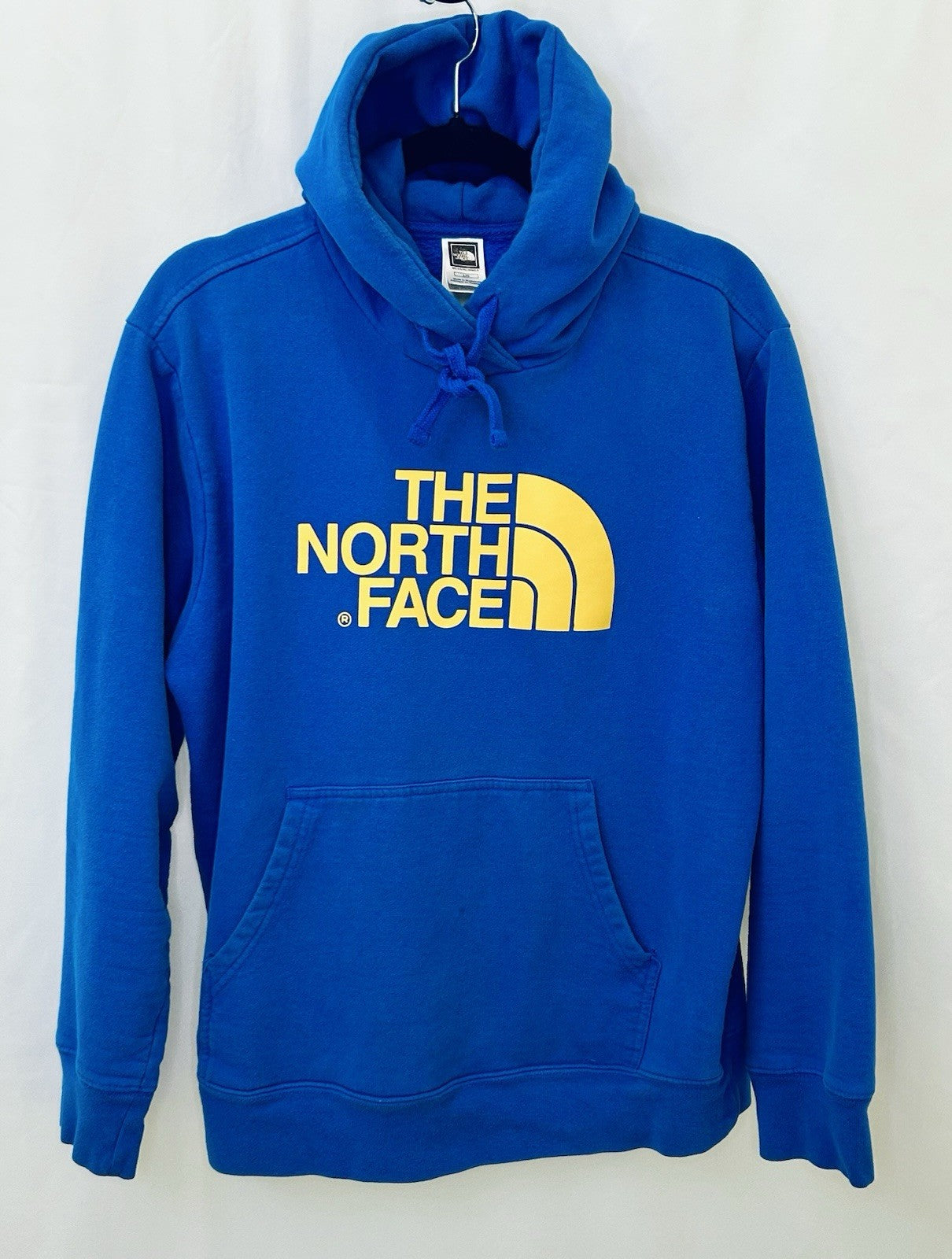The North Face Hoodie Men’s Large Blue Yellow Pullover Sweatshirt Logo Cotton