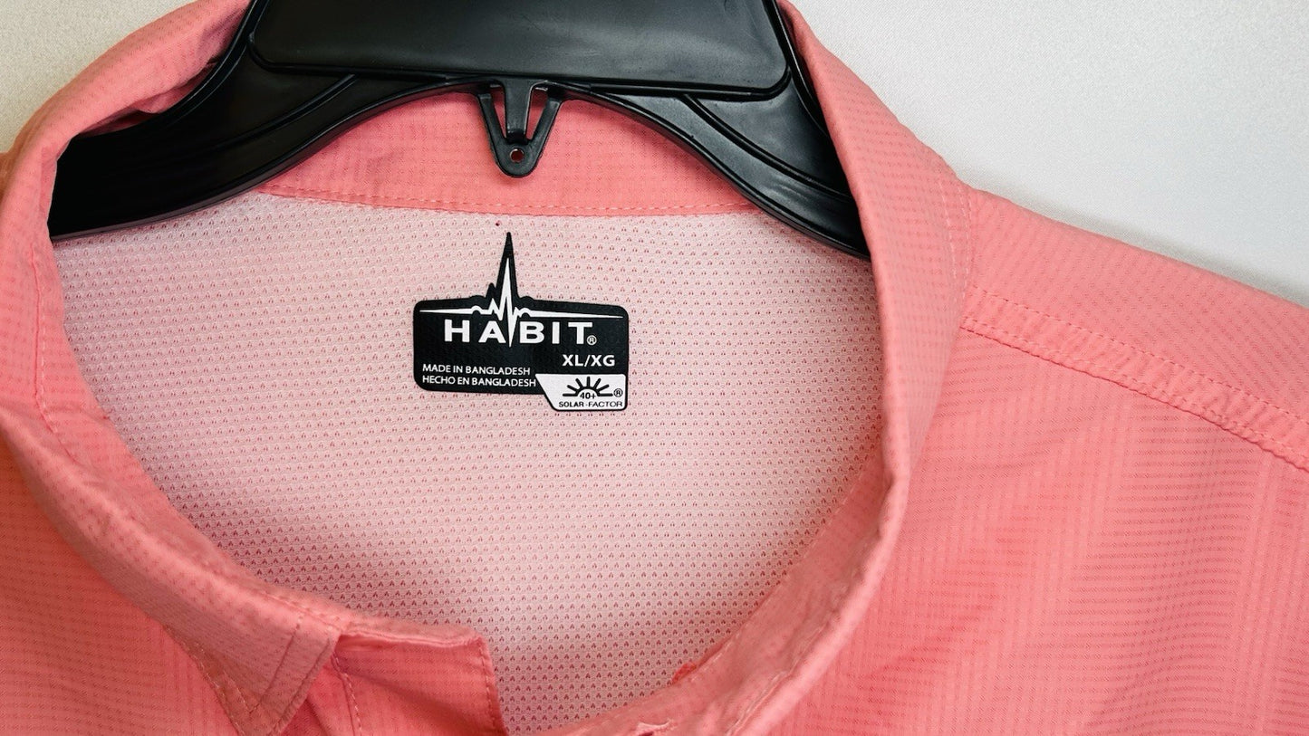Habit Mens Short-Sleeve Button-Front Shirt, Salmon Red, UPF 40+, Size XL, EUC