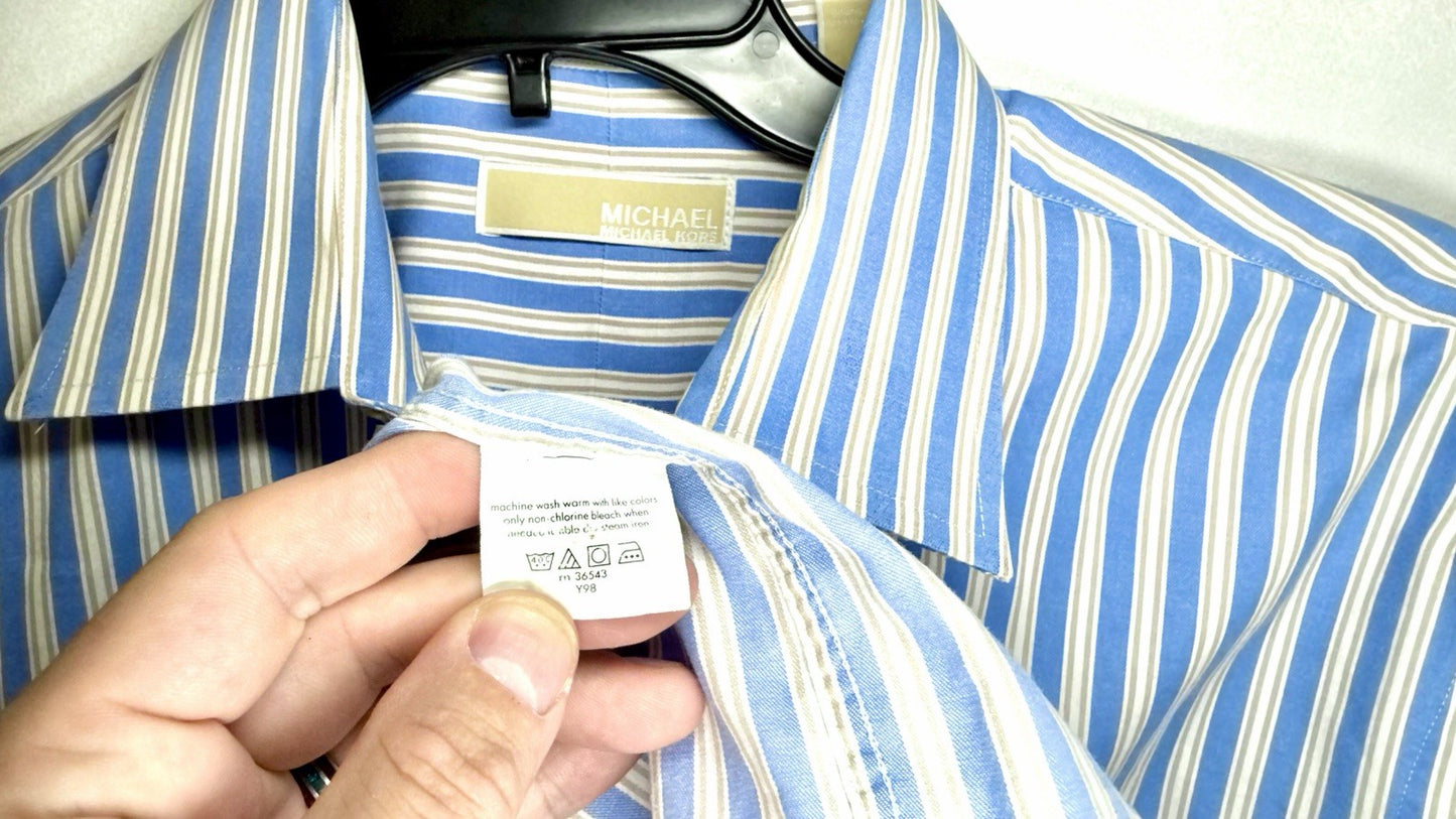 MICHAEL KORS Mens Button-Up Dress Shirt Large 16.5 34/35White Blue Stripe Cotton