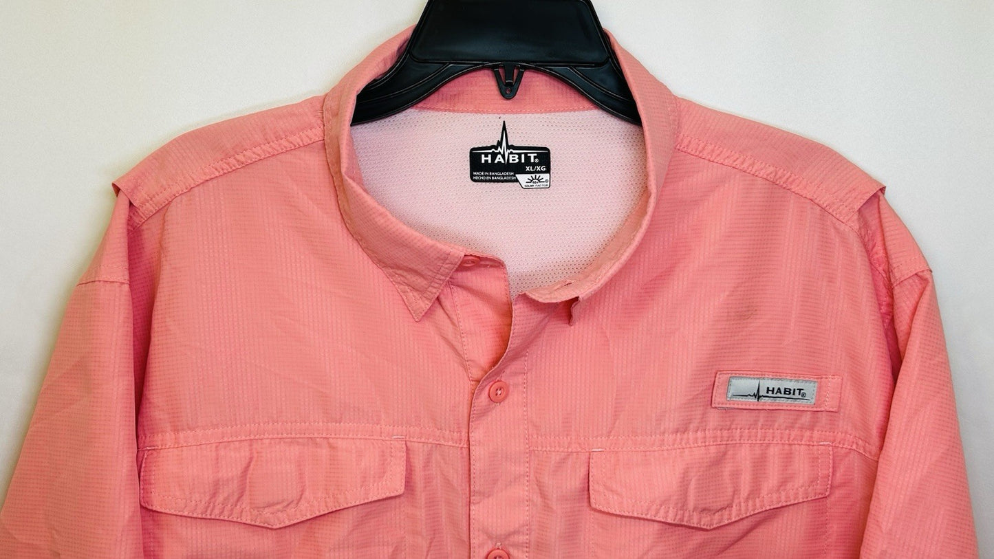 Habit Mens Short-Sleeve Button-Front Shirt, Salmon Red, UPF 40+, Size XL, EUC