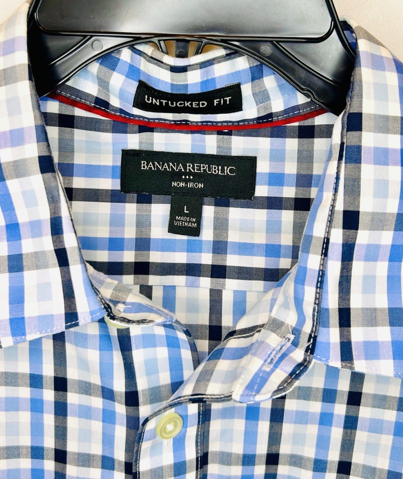 BANANA REPUBLIC Mens Blue Plaid Untucked Fit Shirt Stretch Size L Large
