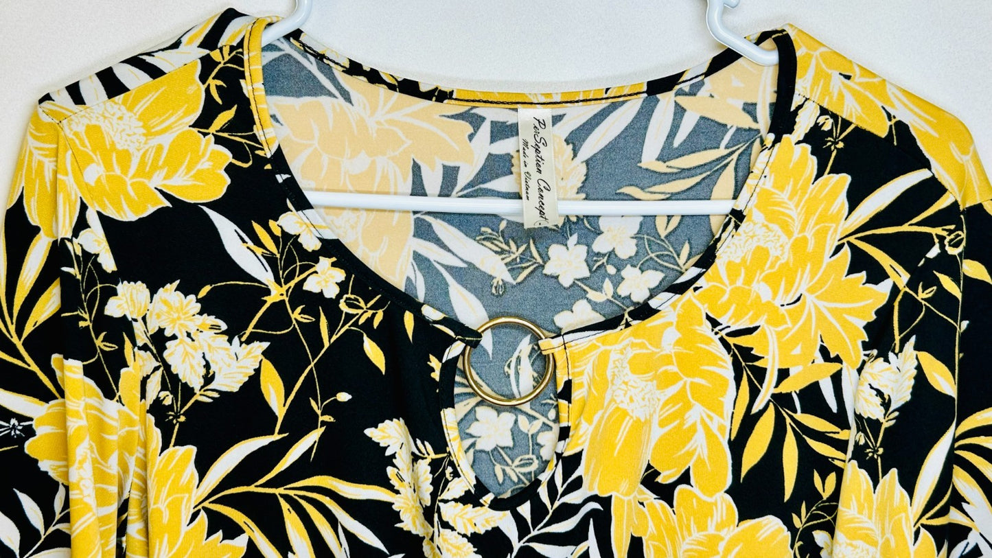 Women's PerSeption Concept Gold & Black Floral Blouse Size Large MSRP $24