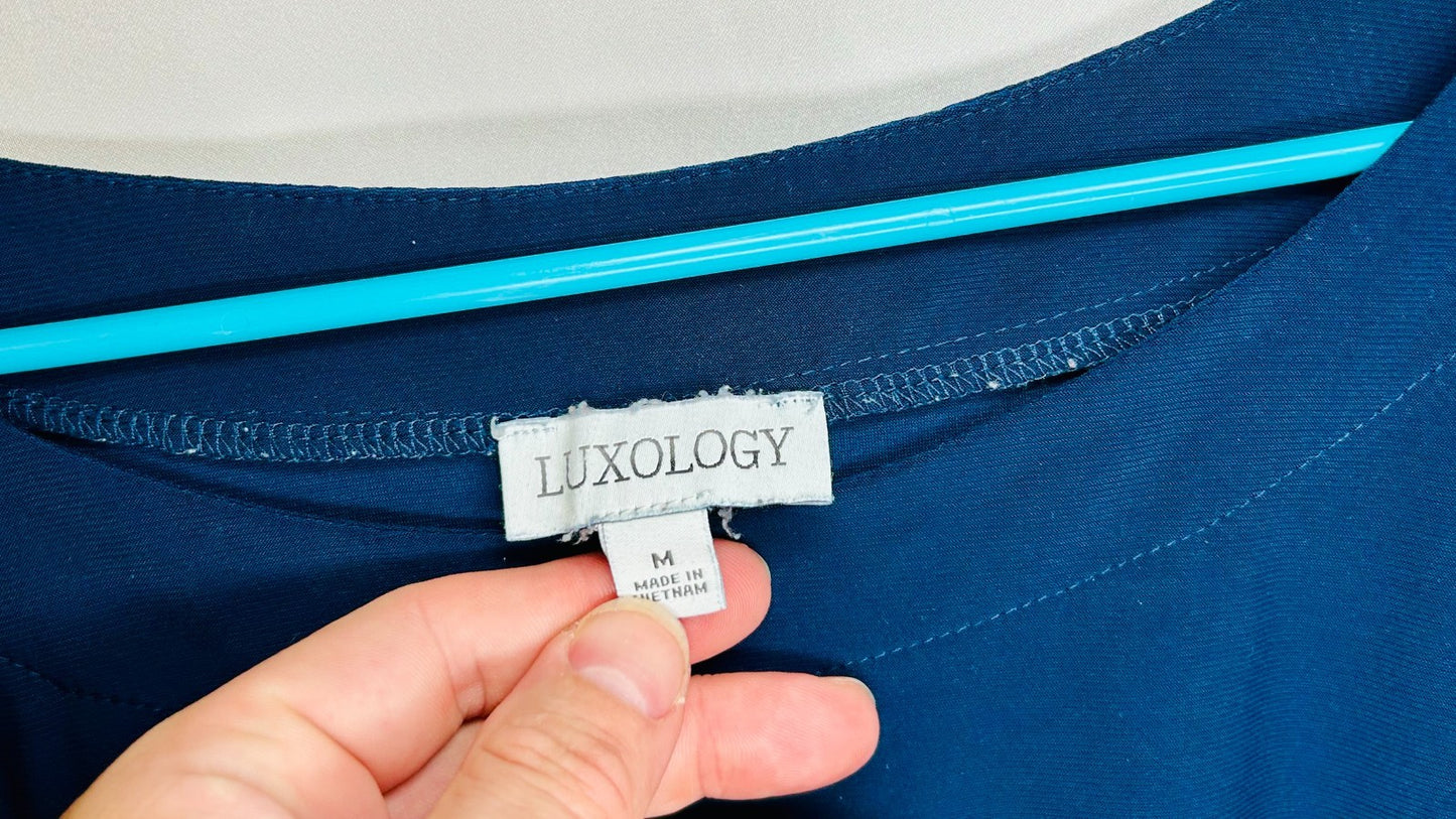 Luxology top Sz M Blue boxy ruched cold shoulder short sleeve Karen Scott