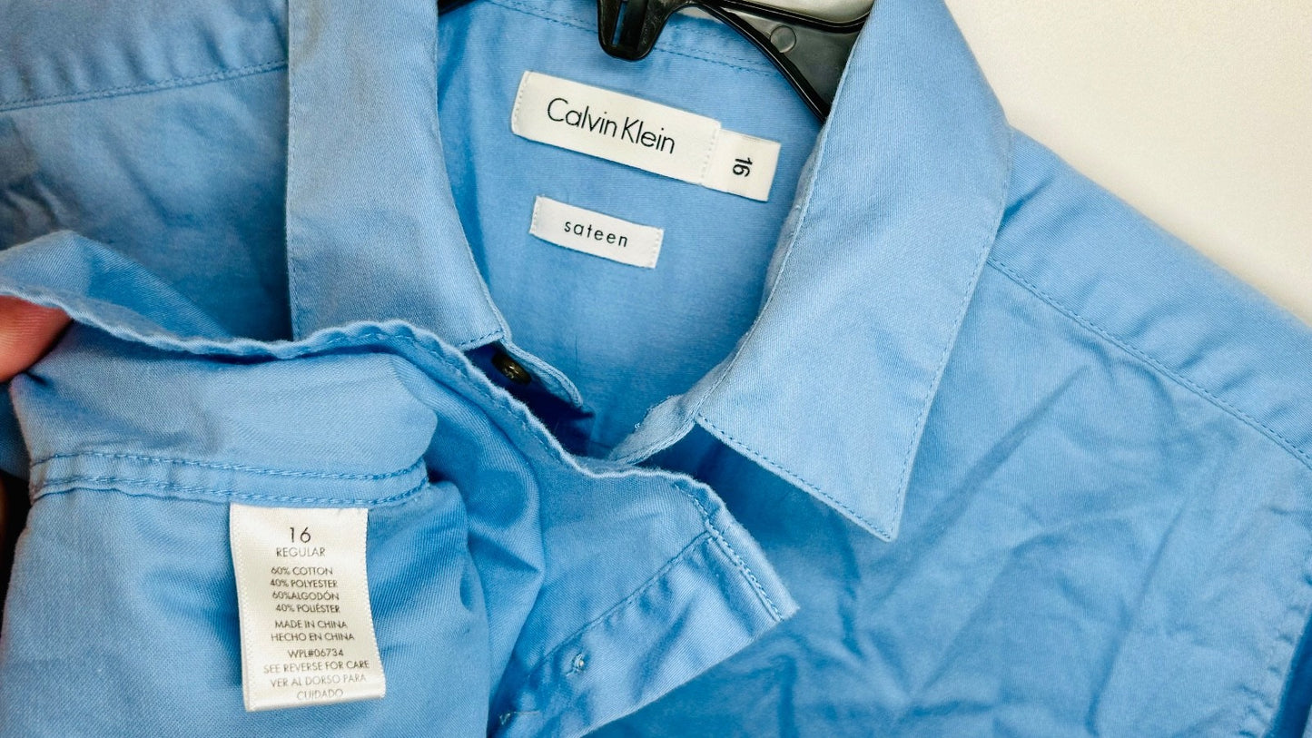 Calvin Klein Boys' Sateen Long Sleeve Slim Fit Dress Shirt Blue Size 16