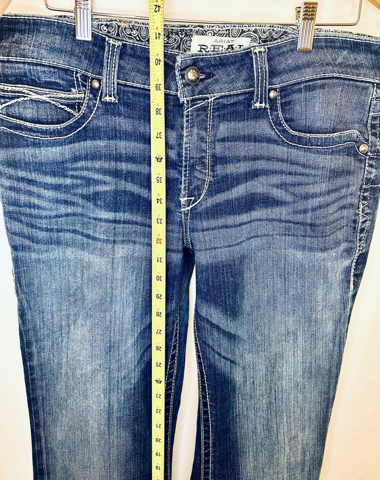 Ariat Real Jeans Women's 33R Blue Denim Mid Rise Bootcut Marine Entwined Stitch