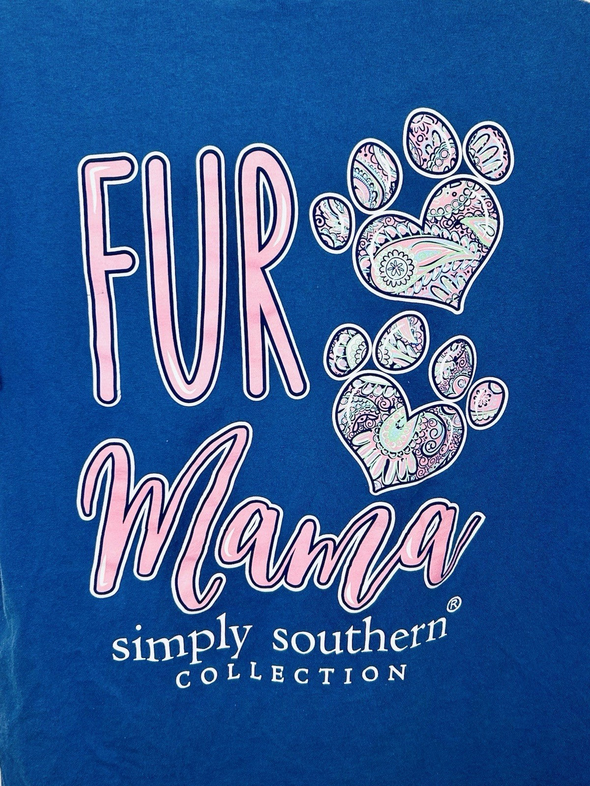 Simply Southern Fur Mama T-Shirt Womens Size Small Blue Short Sleeve Dog Prints
