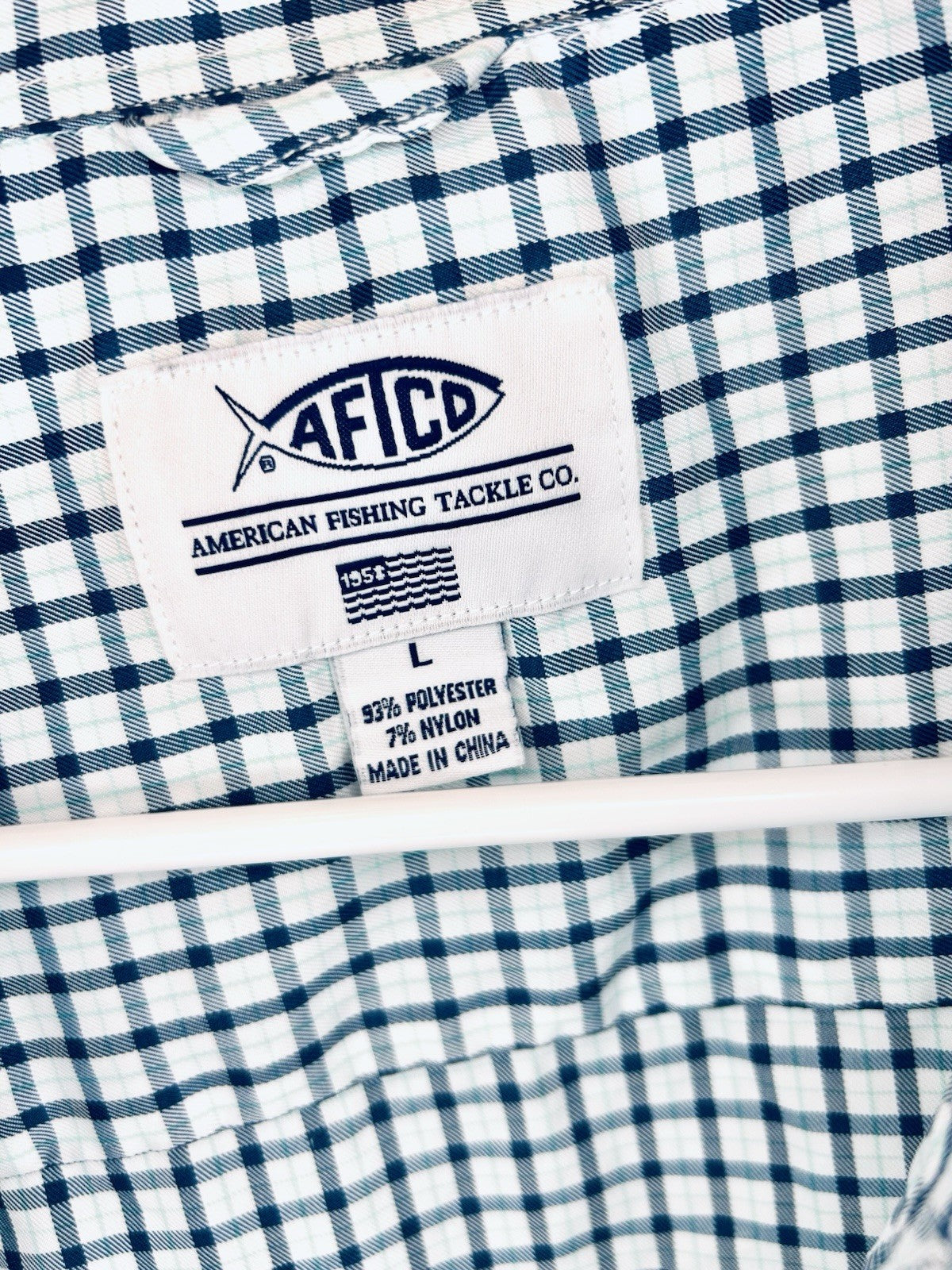 American Fishing Tackle Co AFTCO Mens Large Short Sleeve Blue Shirt Plaid Button