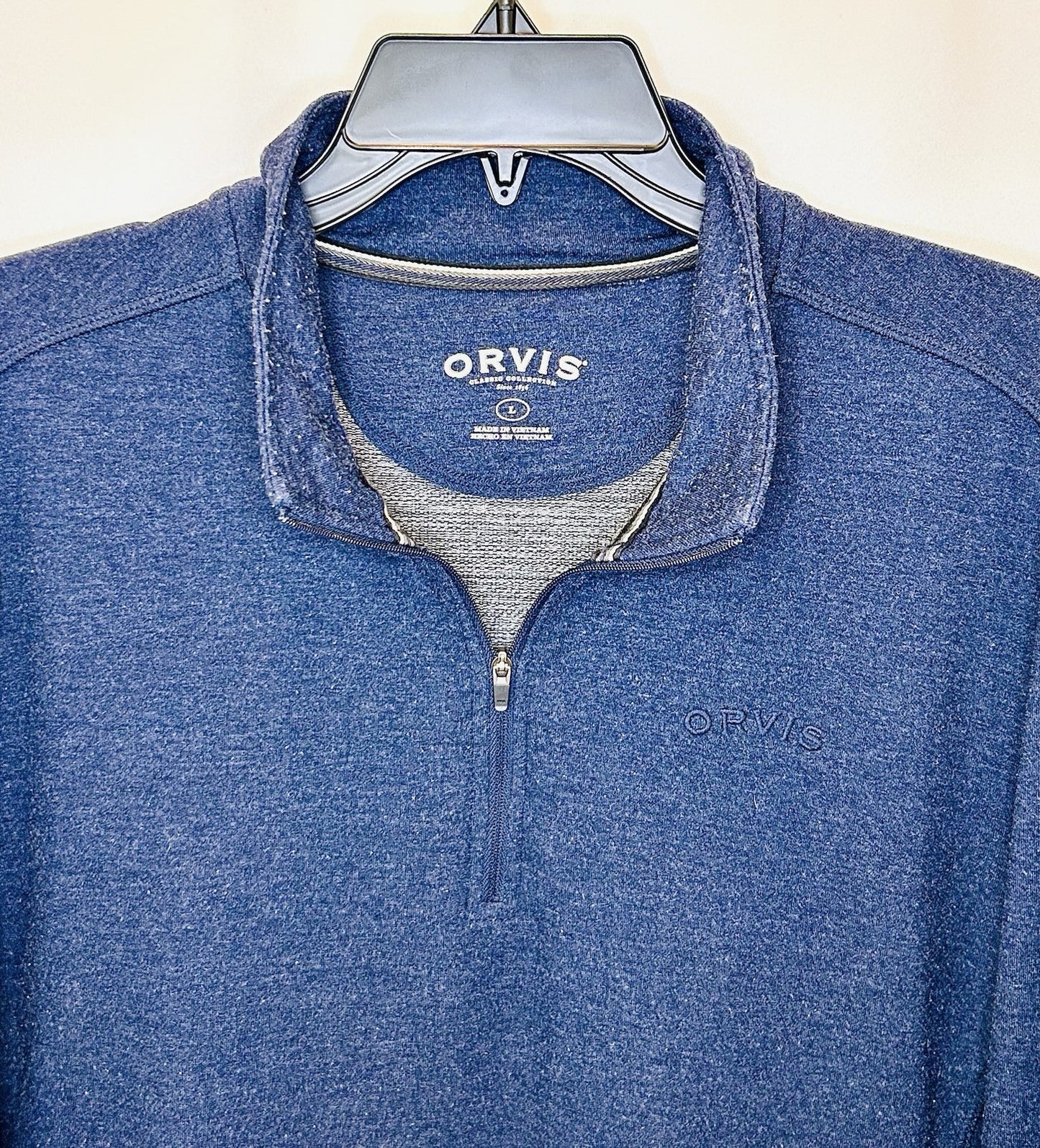 Orvis 1/4 Zip Sweater Mens L Large Heathered Navy Blue Mock Neck Stretch