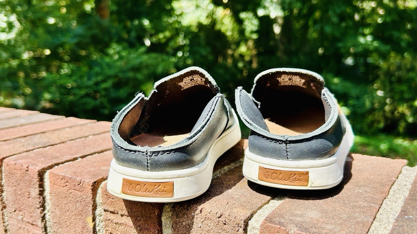 OluKai Women's 7 Shoes Black Slip-On Sneakers Pehuea Leather Loafer Boat Shoes
