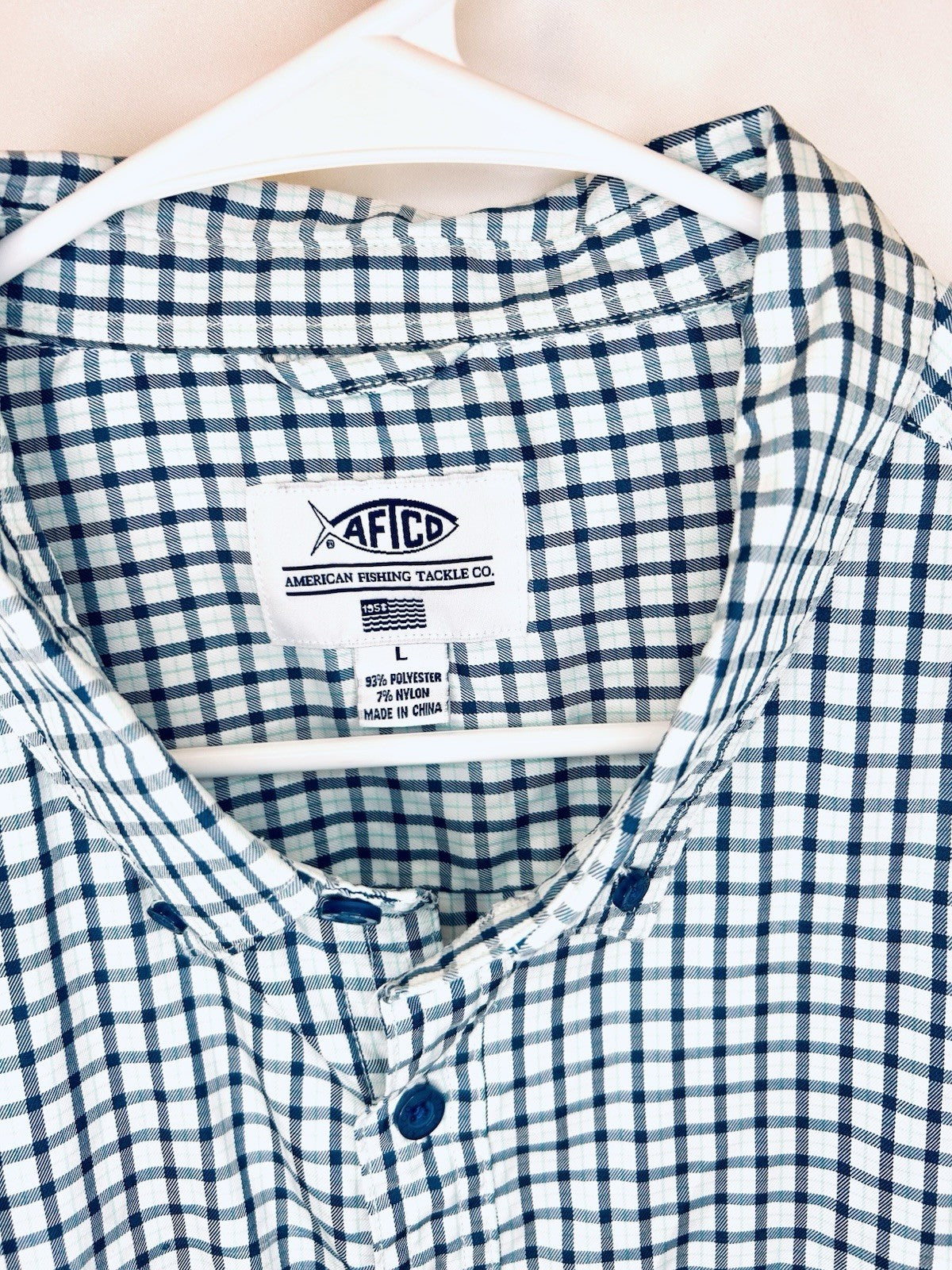American Fishing Tackle Co AFTCO Mens Large Short Sleeve Blue Shirt Plaid Button