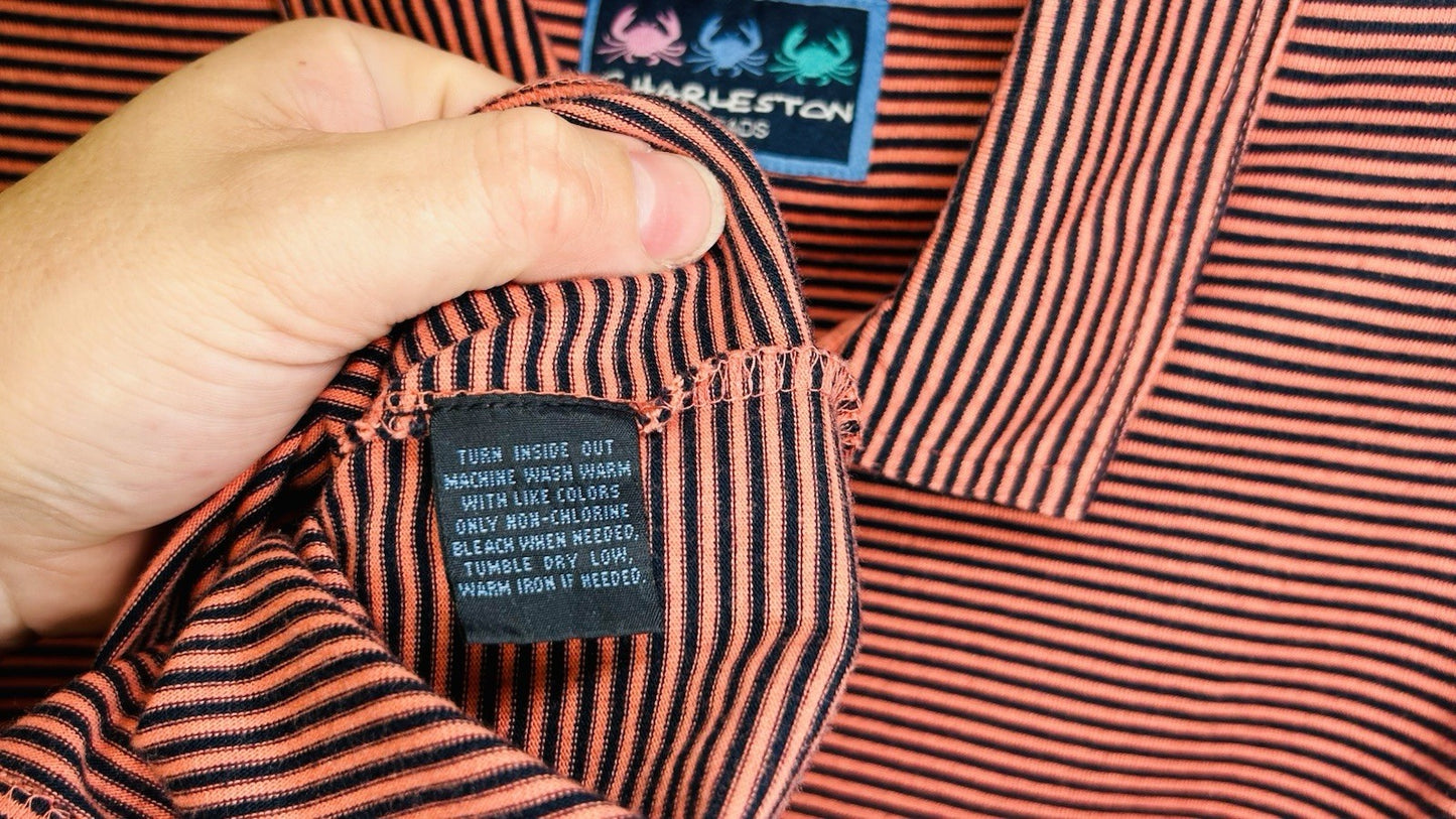Charleston Threads Golf Polo Shirt-Men's Large- Navy & Orange Striped Activewear