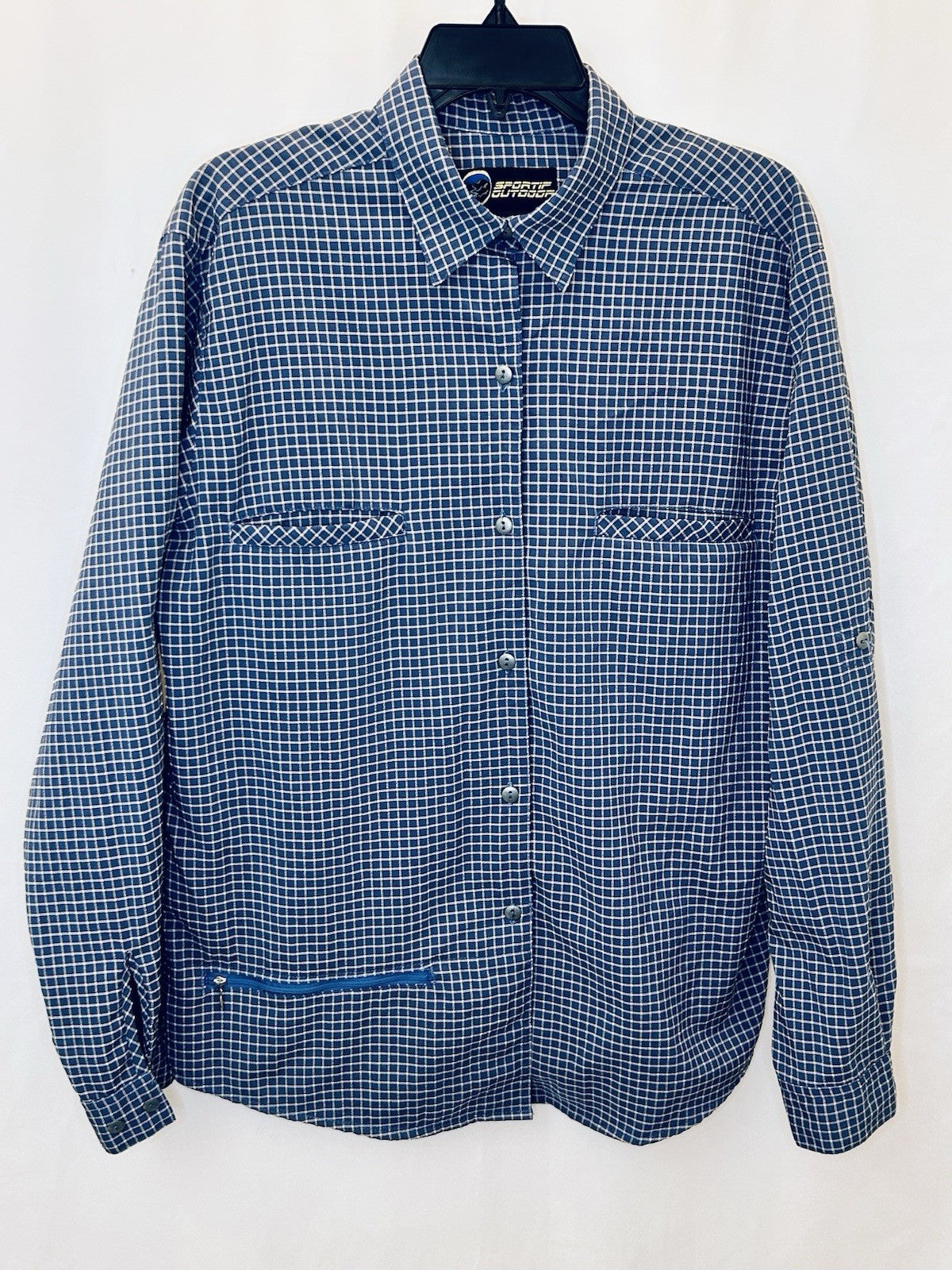 Vintage Sportif Outdoor Men’s LargeShirt Blue Button Up Fishing Pockets Vented