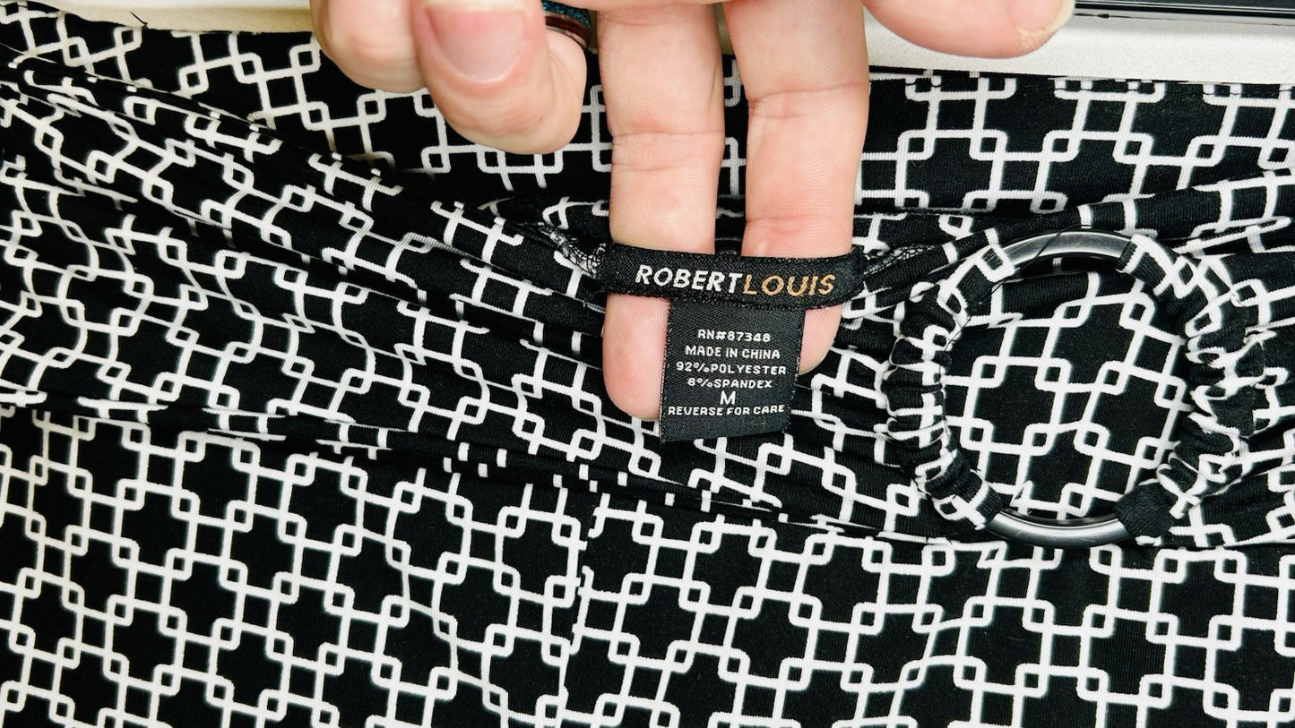 Robert Louis Stretchy Pants Black/White Geometric Size M Pull On Wide Leg