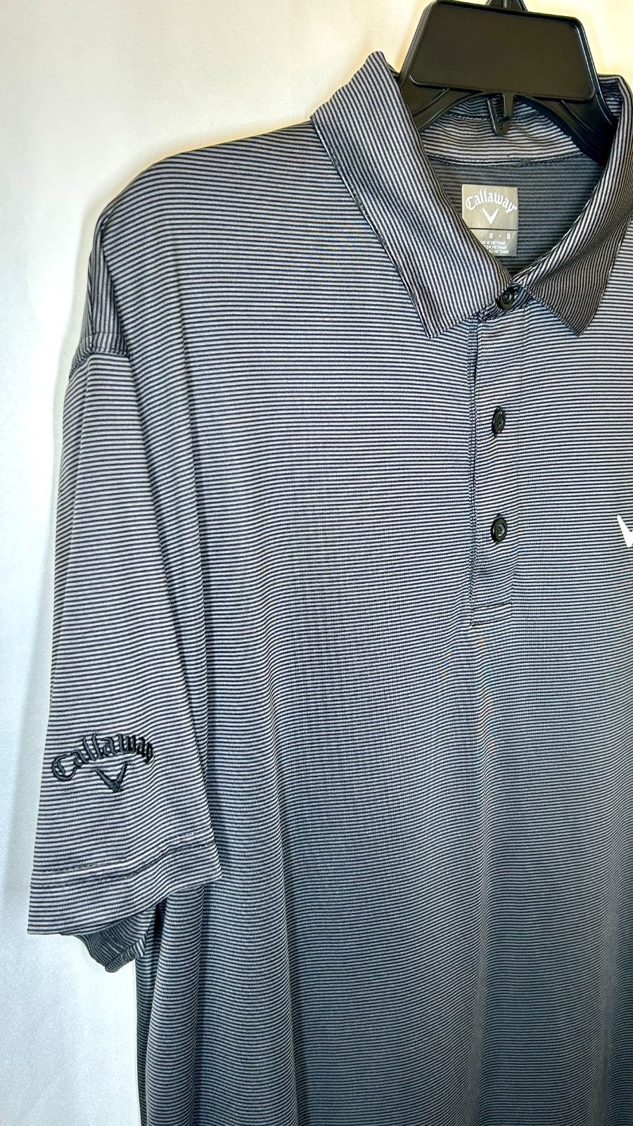 Callaway Polo Shirt Men Large Performance Polyester Stretch Black Silver Striped